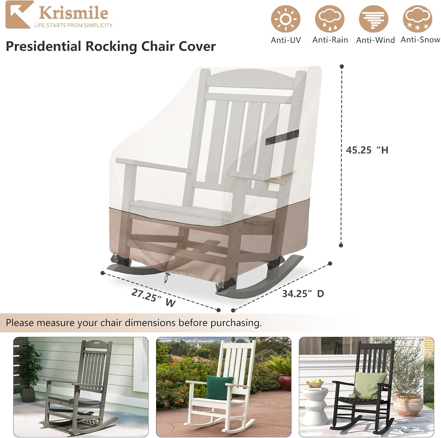 Detalle 2 de Krismile MTYY-88015 Outdoor Rocking Chair Covers, 2-Pack Beige Waterproof 600D