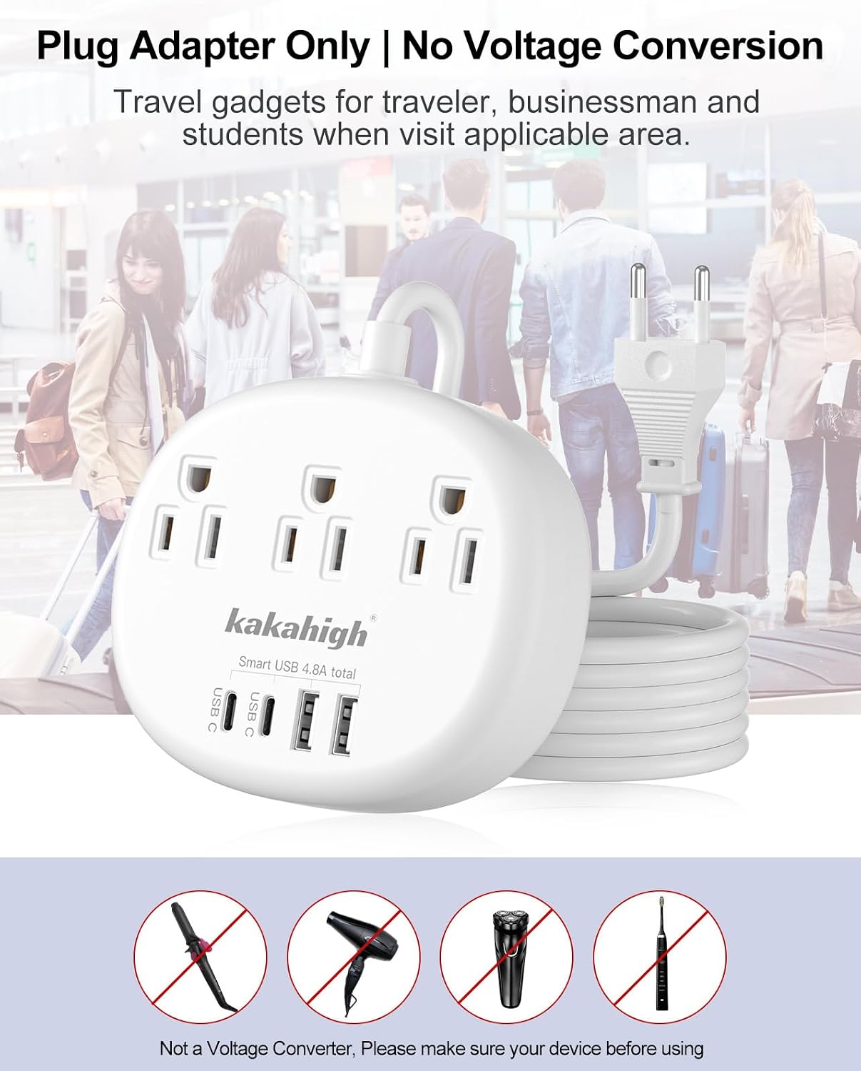 Detalle de kakahigh European Travel Plug Adapter with 3ft Extension Cord, 3 Outlets & 4 USB Ports