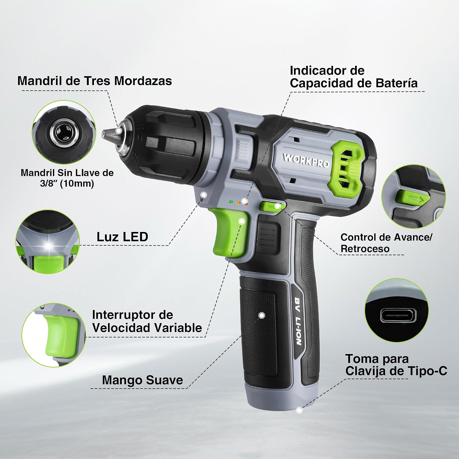 Detalle de WORKPRO Atornillador Inalámbrico 8V 800 rpm