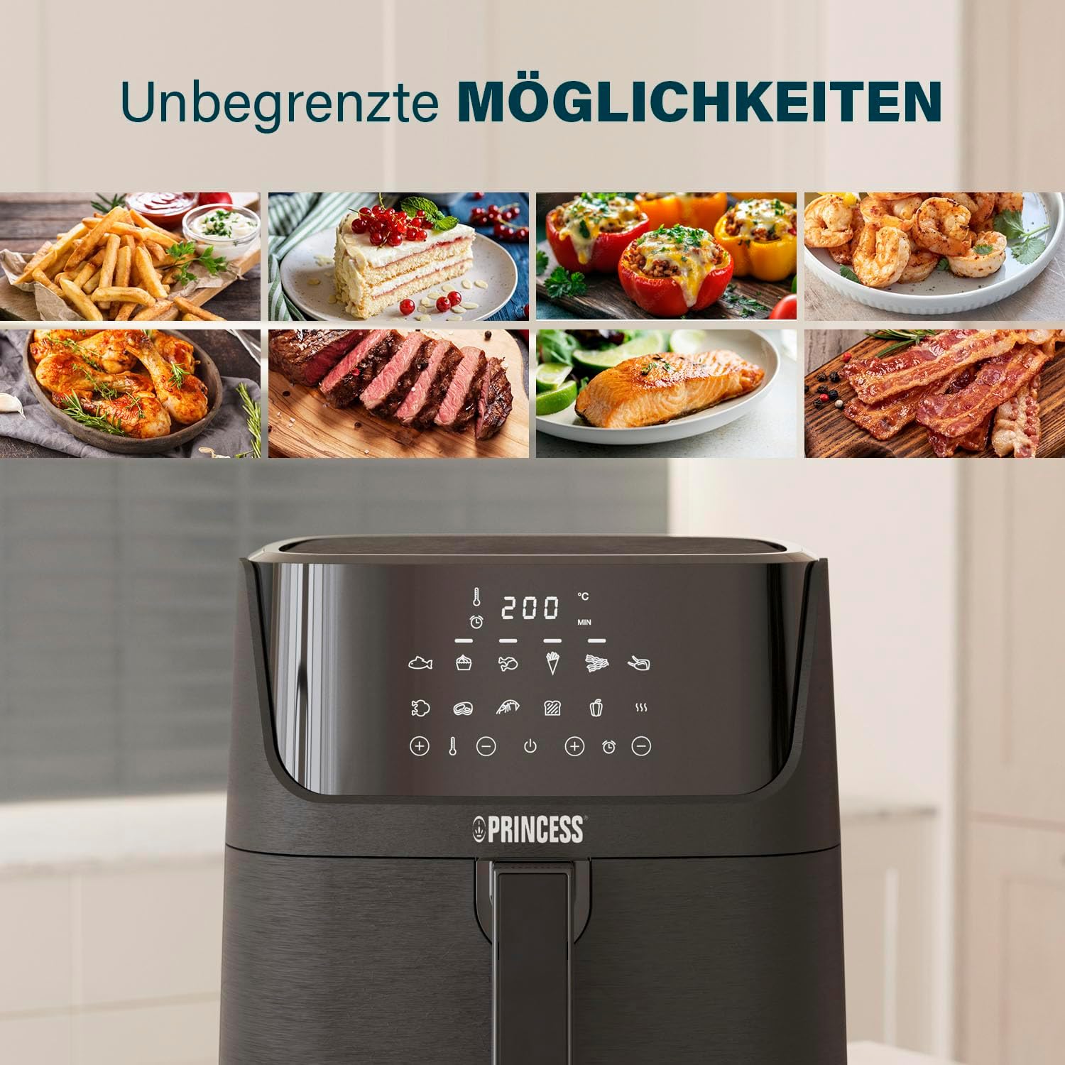 Detalle de Princess Digitale Heißluftfritteuse 6,5 L mit Trennwand (182061) – 12 Programme, Touchscreen