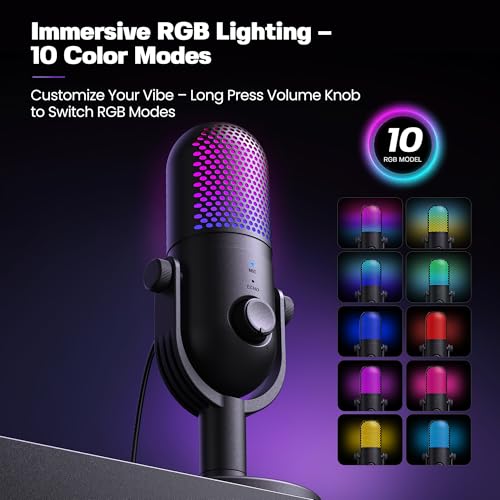 Thumbnail 1 de GUEVWES USB Condenser Microphone for PC Gaming – RGB with Stand