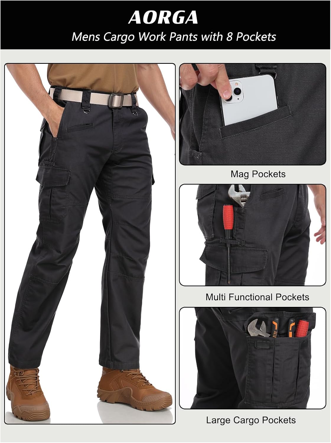 Thumbnail 6 de Mens Work Pants Water Resistant Elastic Waist Outdoor Breathable Cargo Tactical Pants with 8 Pockets