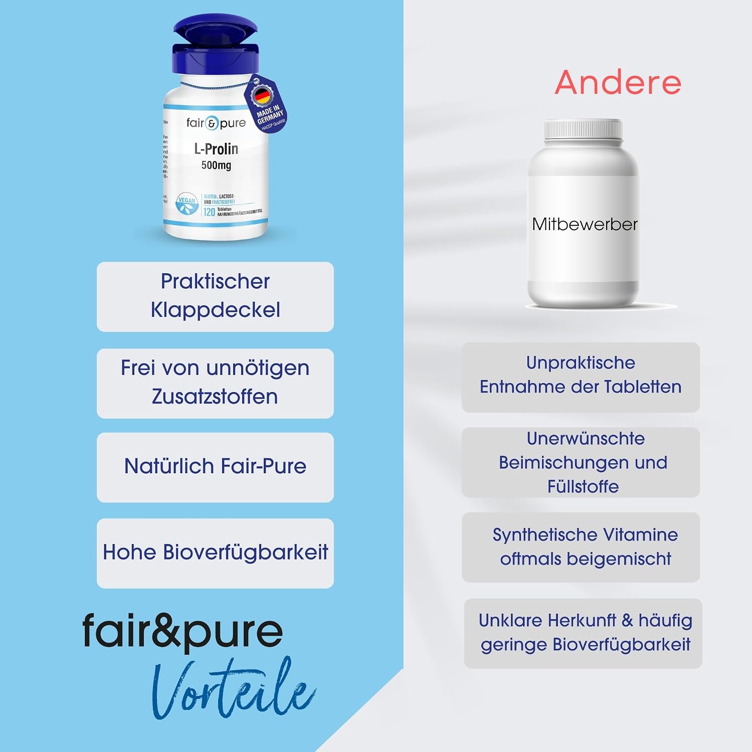 Detalle 2 de Fair & Pure L-Prolin 500 mg – 120 Tabletten, vegan, hochdosiert, hergestellt in Deutschland