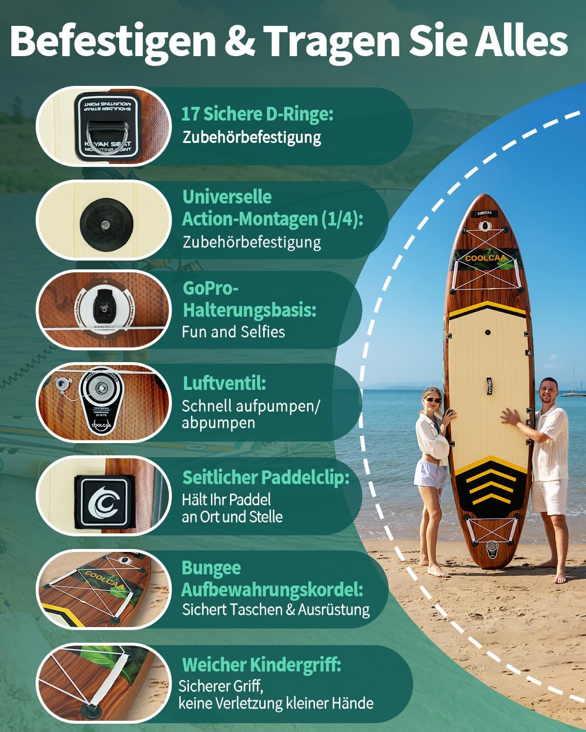 Detalle 2 de COOLCAA SUP Board, 355 cm – Extra Großes, aufblasbares Stand Up Paddleboard mit 86 cm Breite und 210 kg Traglast