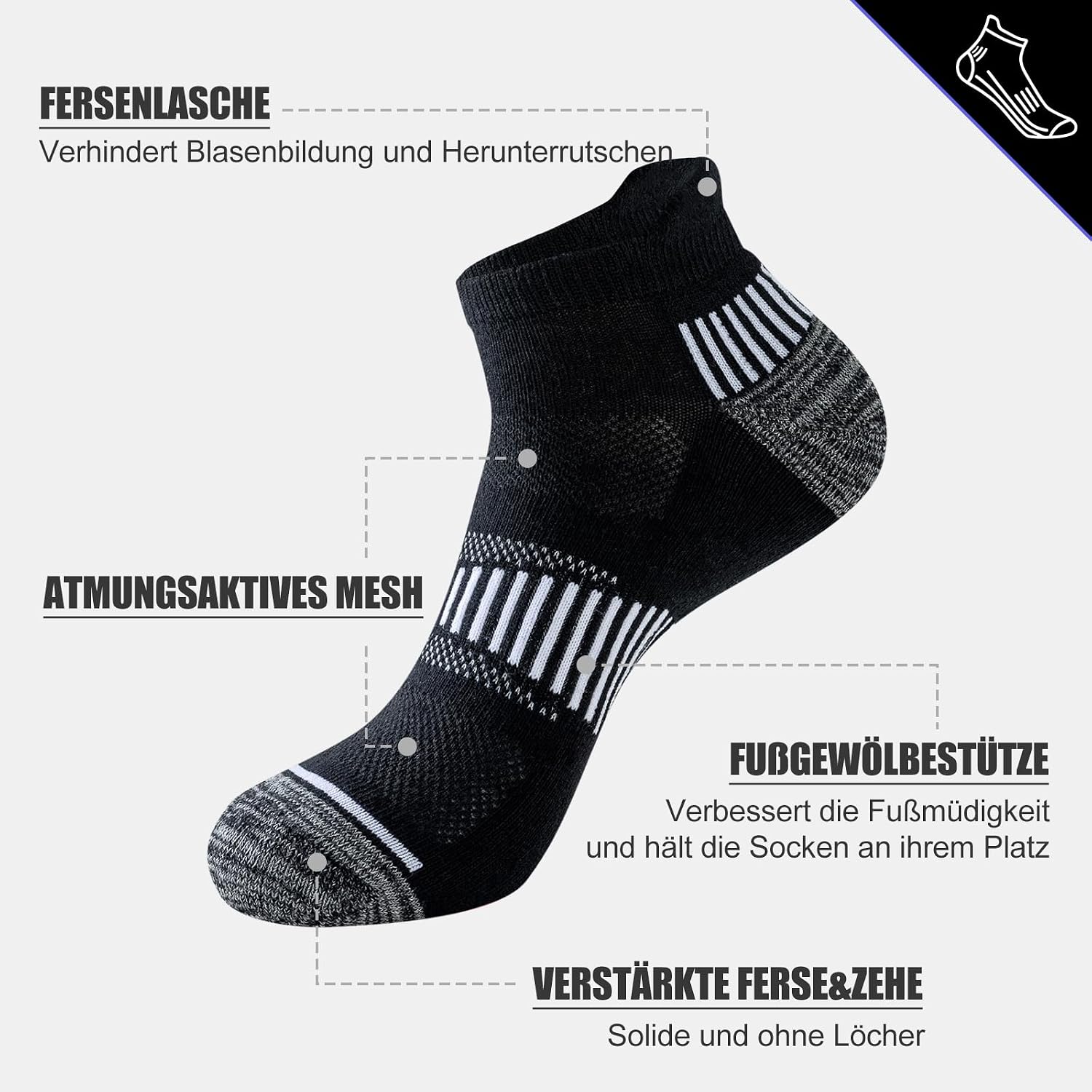 Detalle de Niorasen Sneaker Socken Herren 6 Paar – Gepolsterte, atmungsaktive Laufsocken 37-50