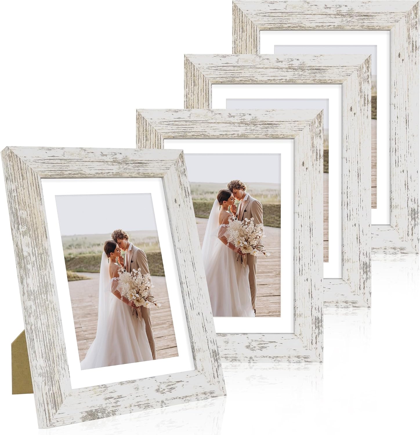 Detalle de Hongkee 5x7 Picture Frame Set of 4 (Real Glass, Distressed White Wooden Frame) for Wall or Tabletop