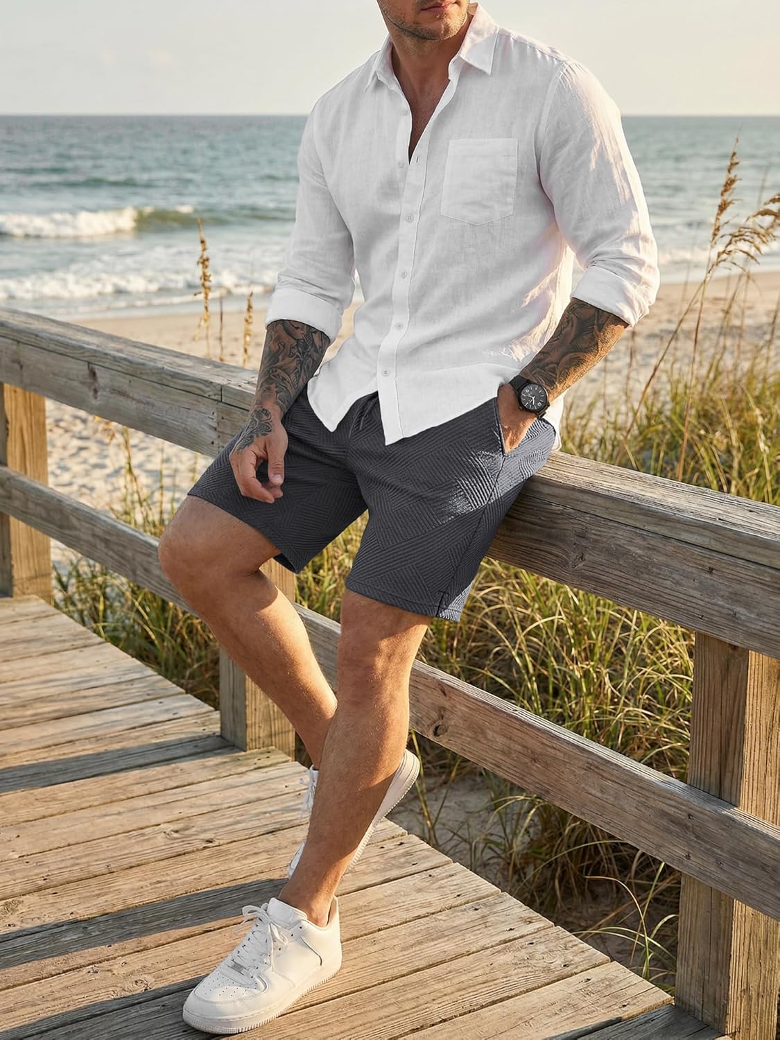 Detalle de JMIERR Herren Textur Kurze Hosen mit 3 Taschen – 2026 Sommer Casual Loose Shorts