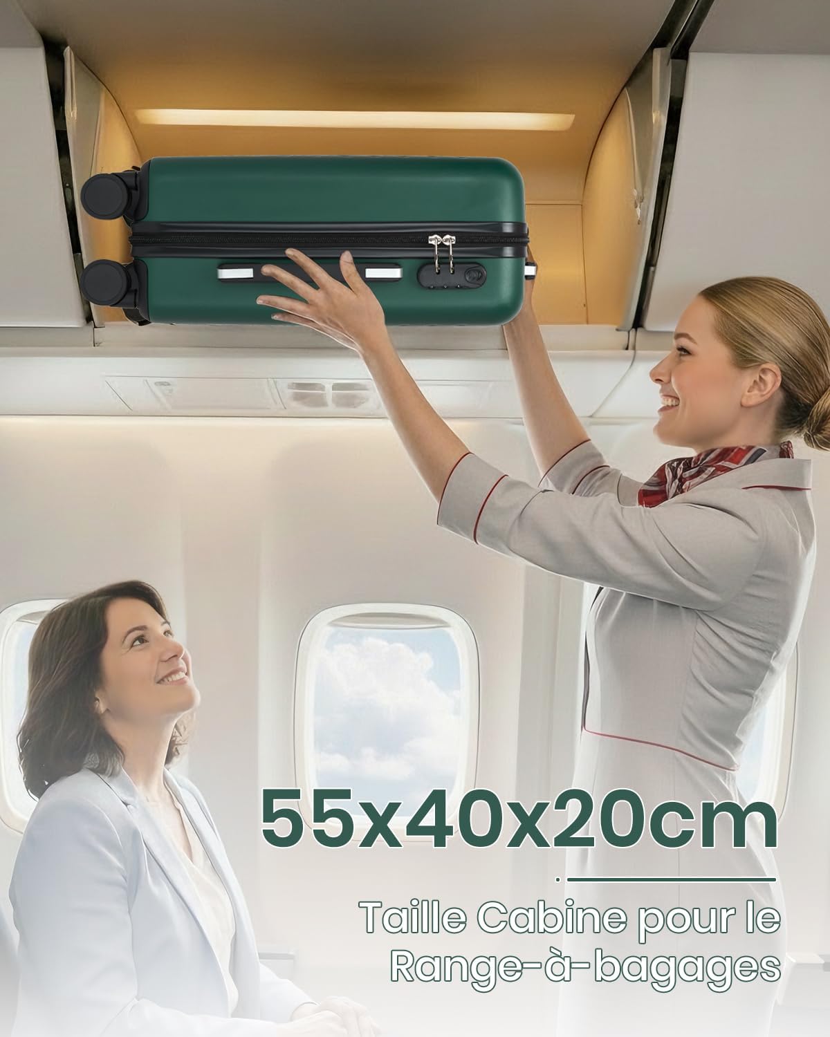 Detalle de Kono Valise Soute 66,5 × 45,5 × 25 cm – 61 L, ABS+PC, Roues silencieuses 360°, Serrure extérieure – Vert/Noir