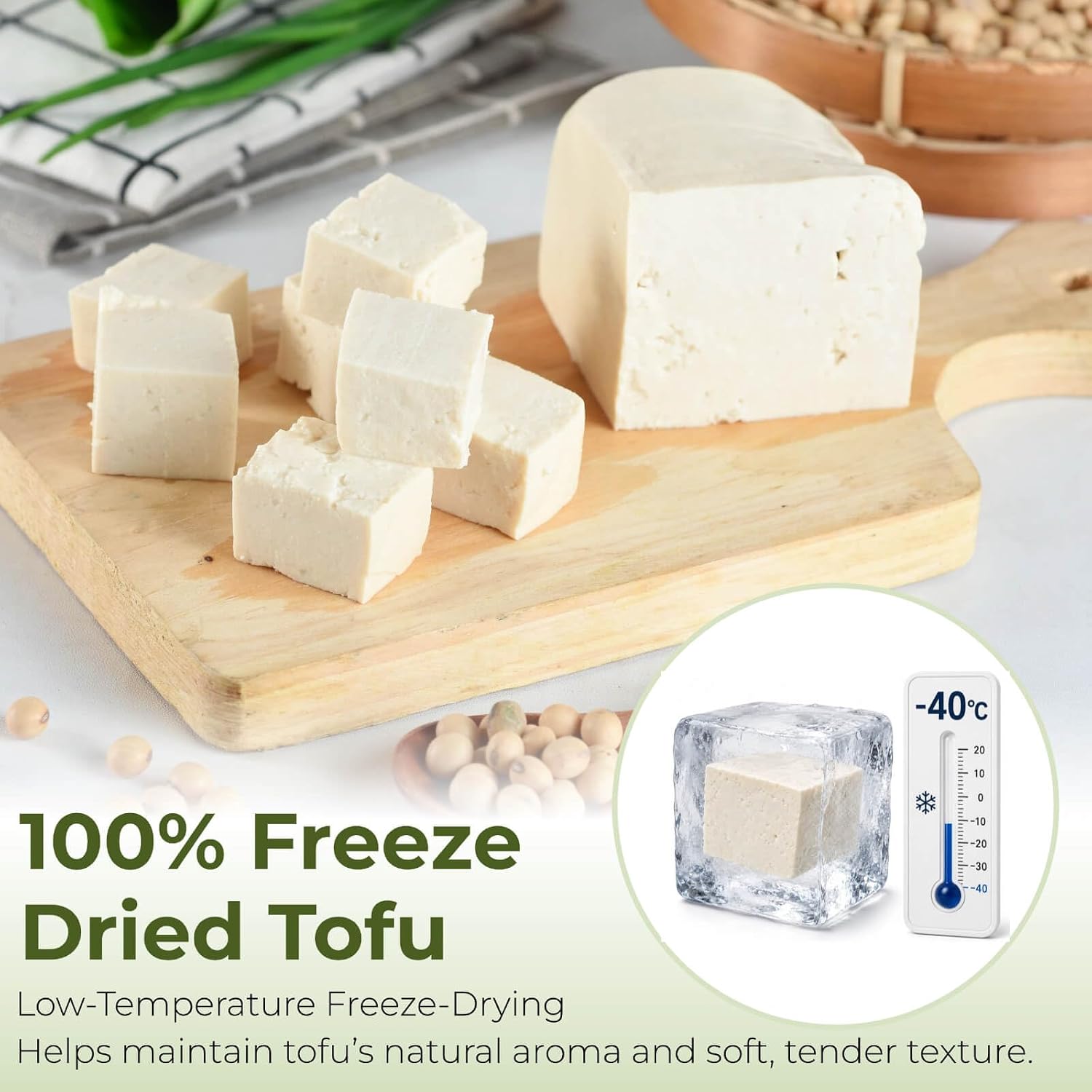 Detalle de Egcina Freeze-Dried Tofu Cubes, 7 oz, 1 cm Pieces in a Resealable Jar