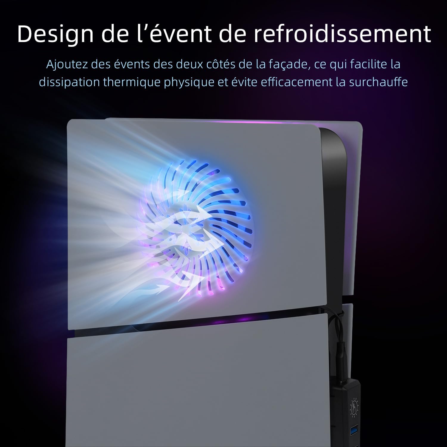 Thumbnail 3 de Kit accessoires LED RGB Mcbazel pour PS5 Slim (disque/numérique) : bande lumineuse, plaque de refroidissement et hub USB 2 ports, blanc