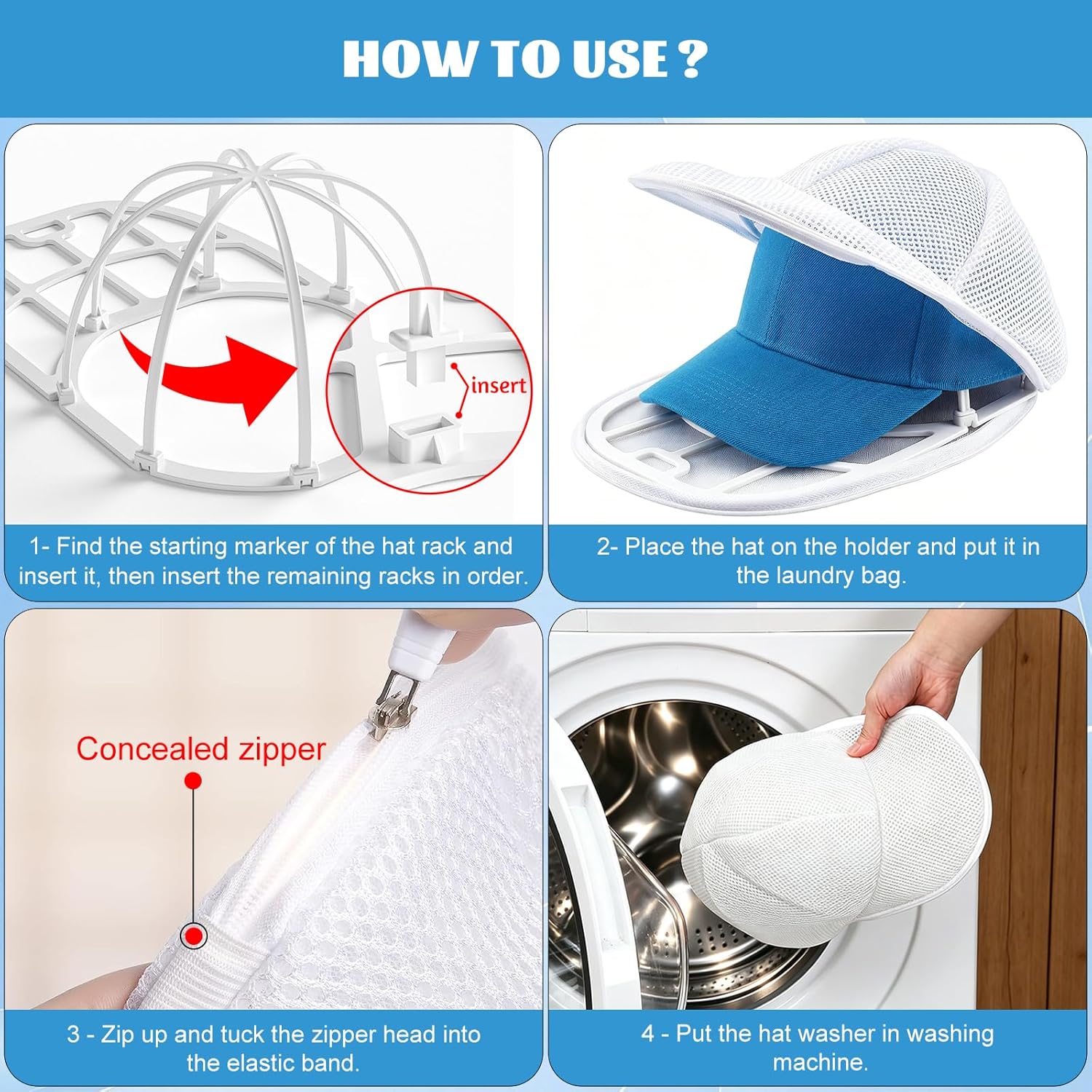 Detalle de Eiito Hat Washer Cage Hats Cleaner (4-Pack: 2 Cages + 2 Bags) for Washing Machine or Dishwasher, White