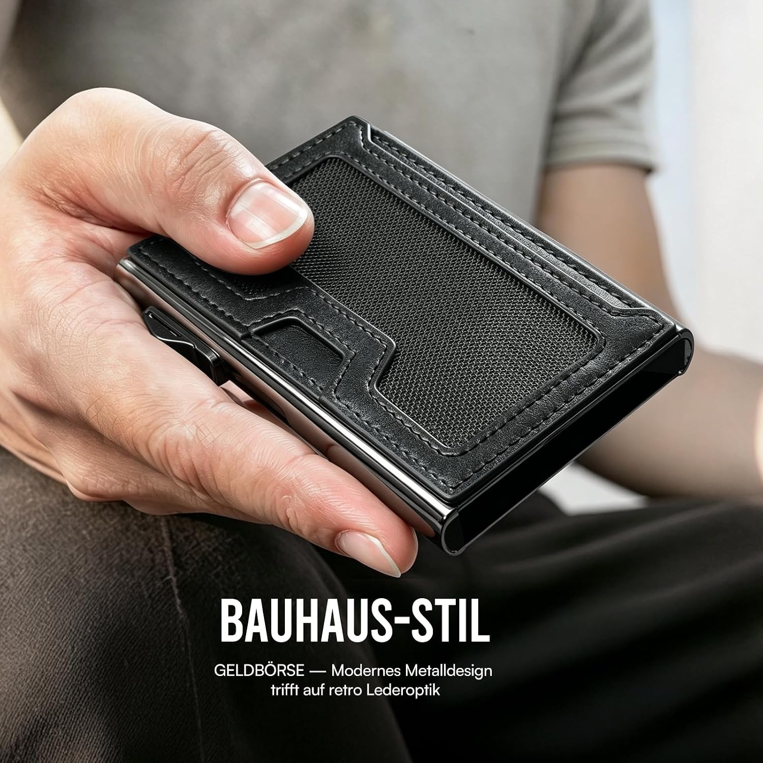 Detalle de YESIIW Minimalistisches Kartenetui mit RFID-Schutz – Pop-up Wallet aus Aluminium & Leder, Slim Wallet für Herren