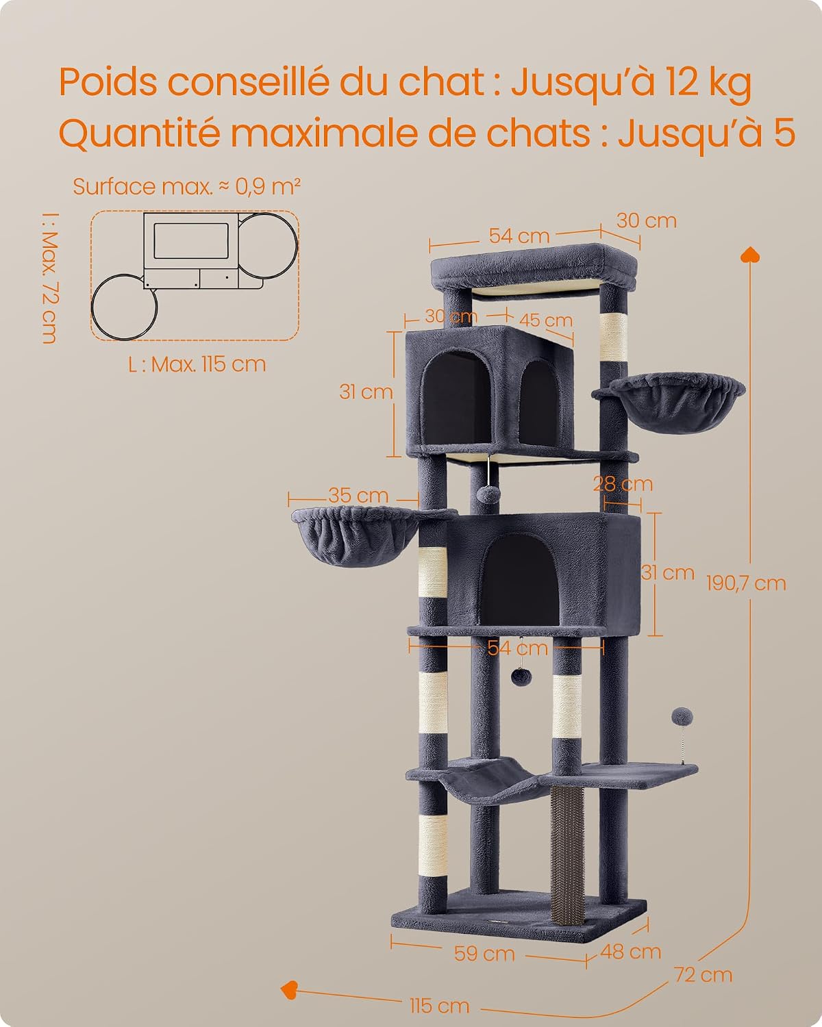 Thumbnail 6 de Feandrea Grand Arbre à Chat 190,7 cm – Tour à Chat multi-niveaux gris foncé (PCT183G02)
