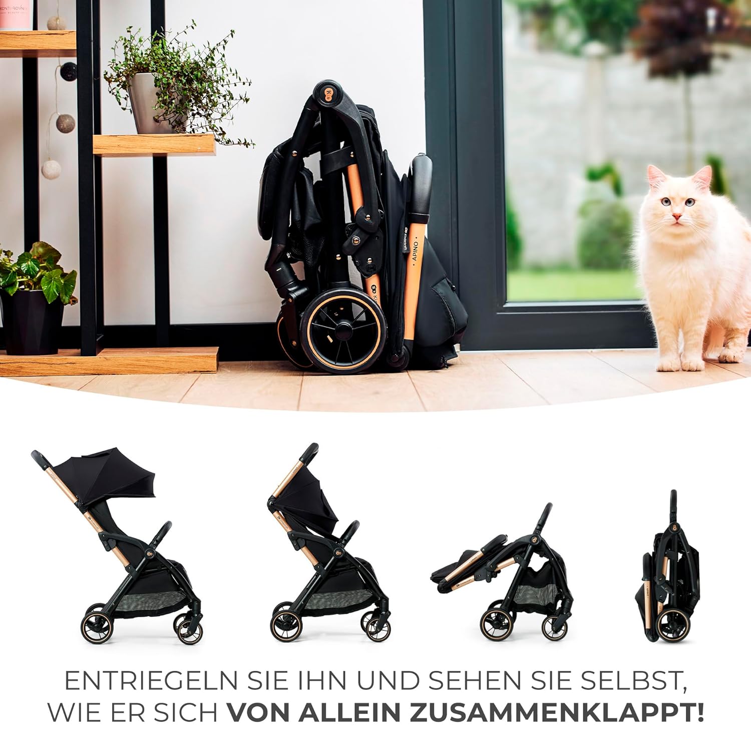Detalle 2 de Kinderkraft APINO Buggy bis 22 kg – Liegebuggy, leichtes Reise-System, Auto-Faltfunktion, Schwarz