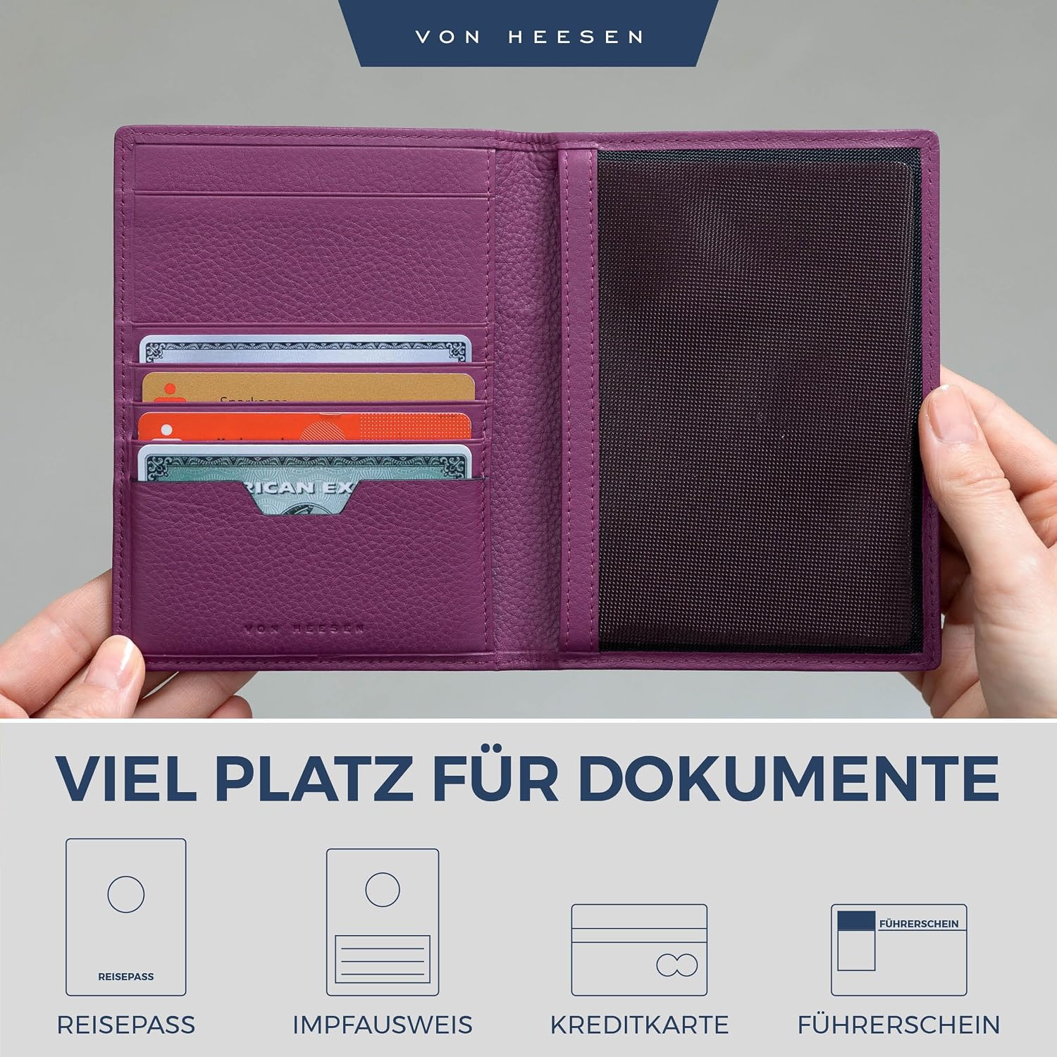 Detalle 2 de VON HEESEN Reisepasshülle aus Nappaleder mit RFID-Schutz (Pink) – Passhülle & Karten-Organizer im Etui-Format