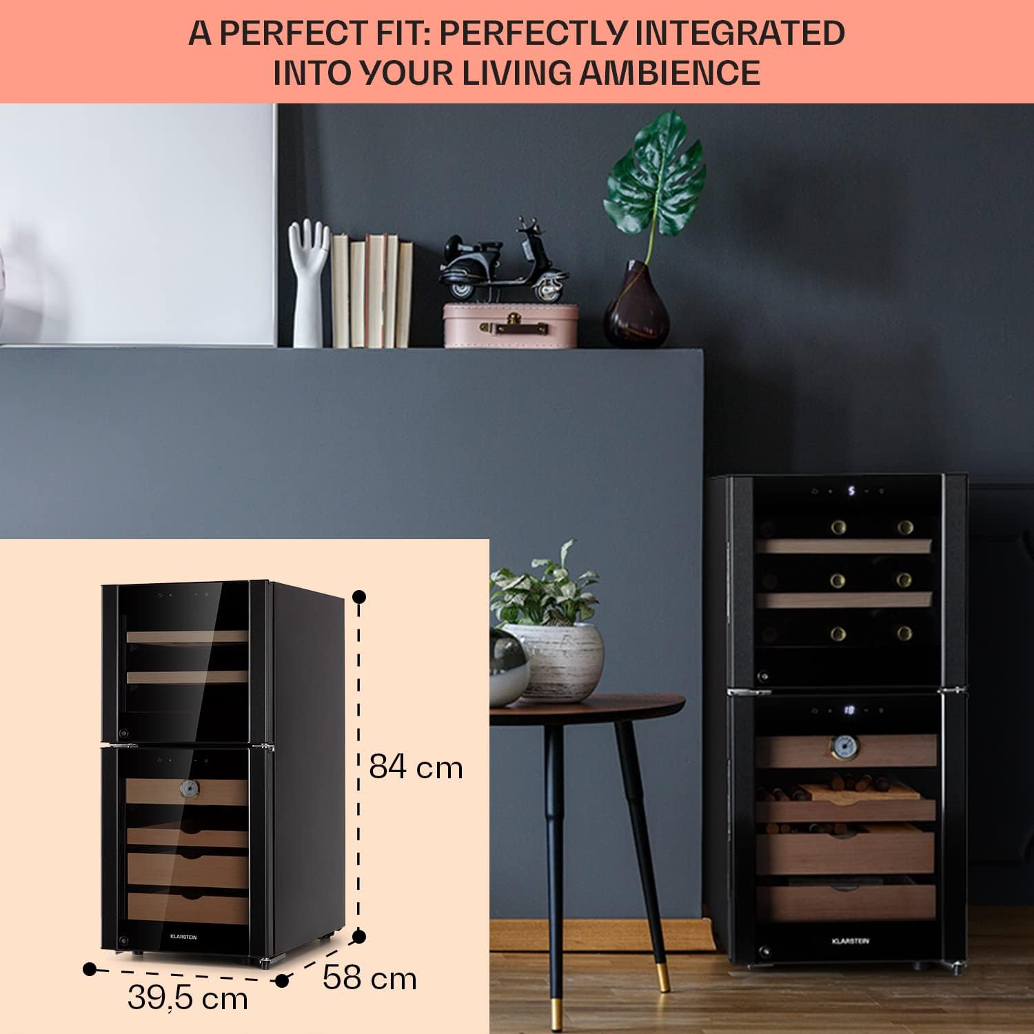 Detalle 2 de Klarstein 89L Cigar Humidor and Wine Cooler with Glass Door and Temperature Control