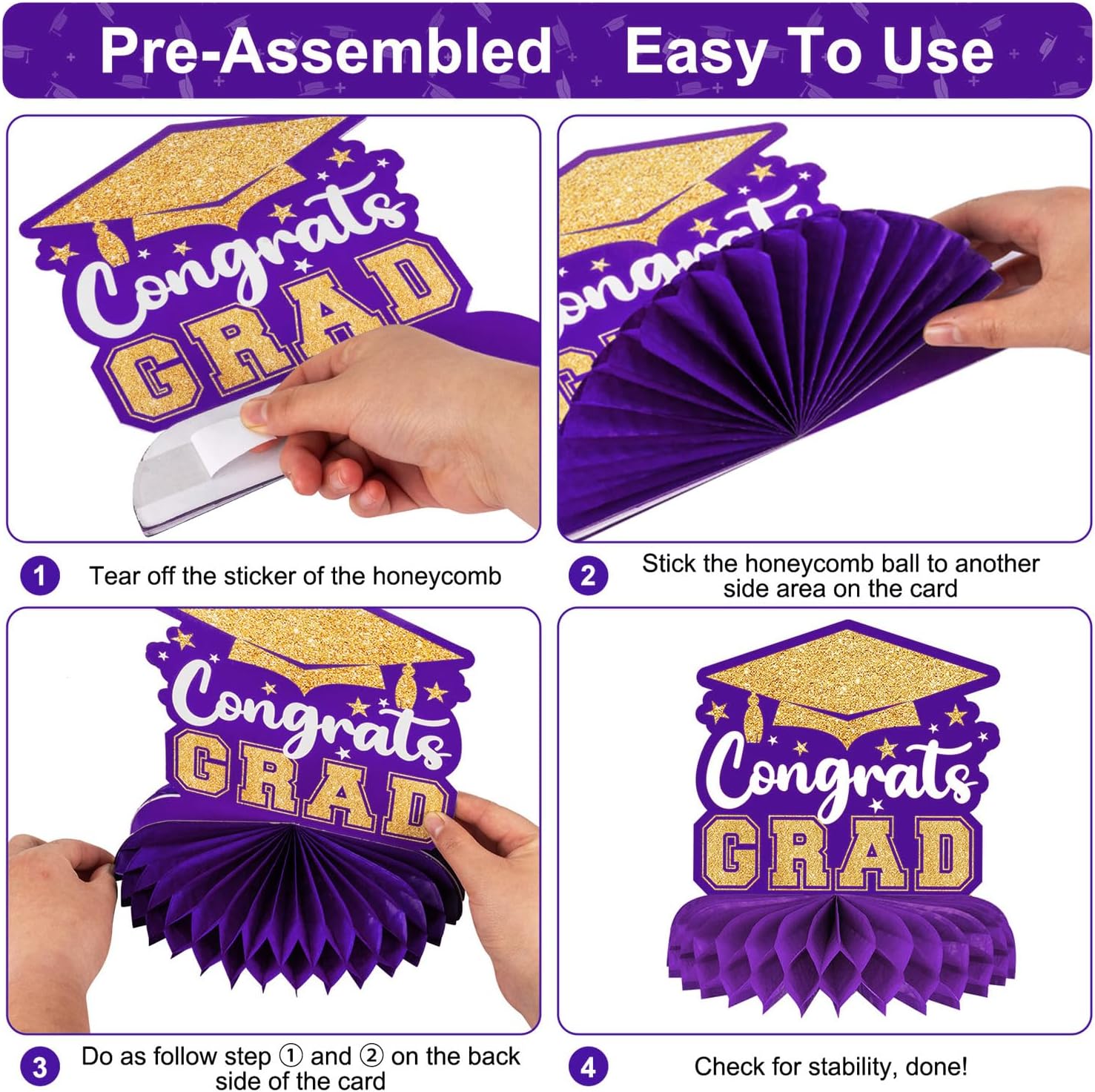 Thumbnail 4 de 8 Pieces Class of 2026 Graduation Table Decorations – Purple and Gold Honeycomb Centerpieces