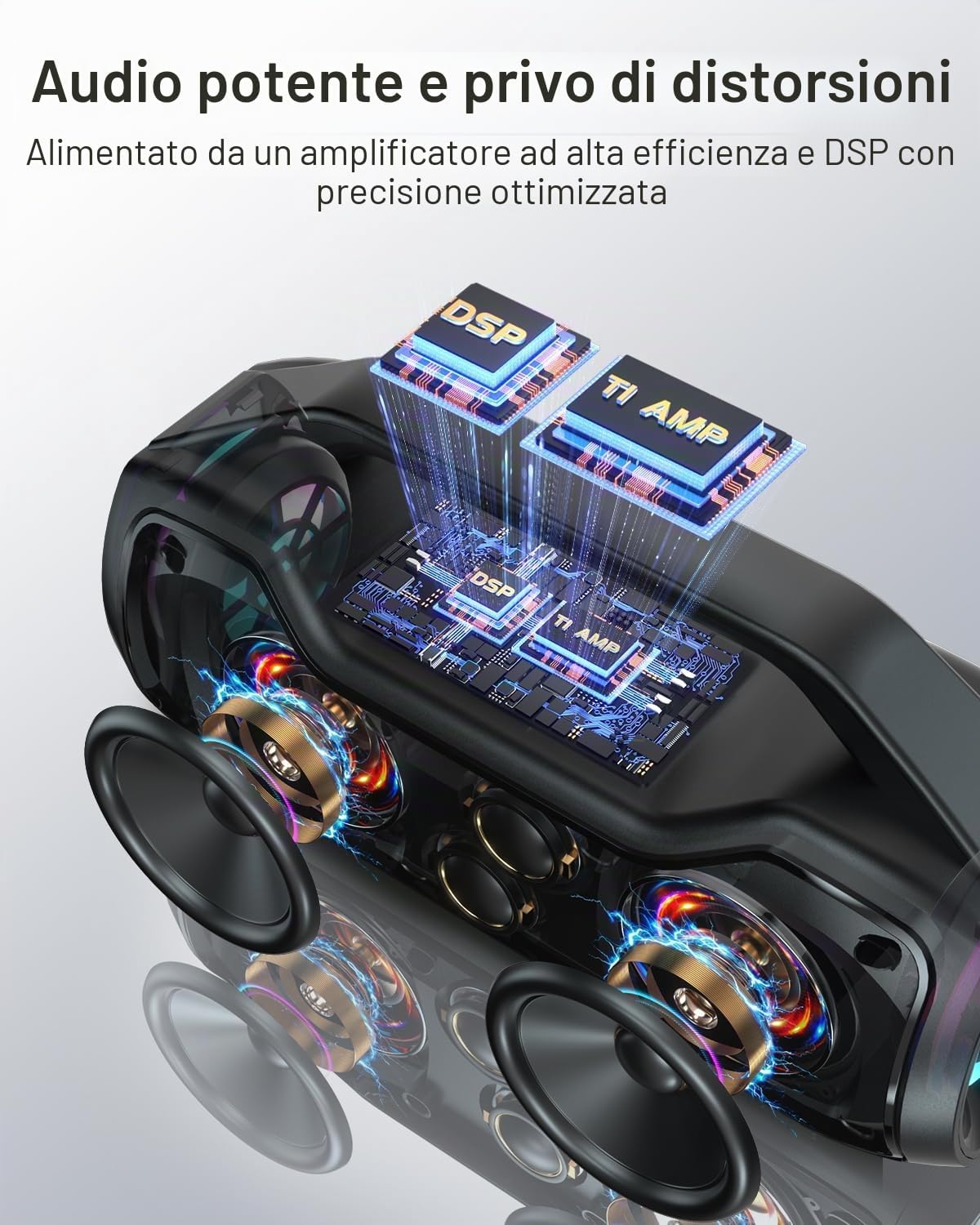 Detalle de Cassa Bluetooth Potente Portatile 120W Peak con 2 Woofer e 2 Tweeter, IP65 e DSP - perfetta per feste, spiagge e campeggio