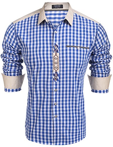 Detalle de COOFANDY Trachtenhemd Herren Oktoberfest Kariertes Bayrisches Hemd Baumwolle Langarm, Regular Fit, 45-blau
