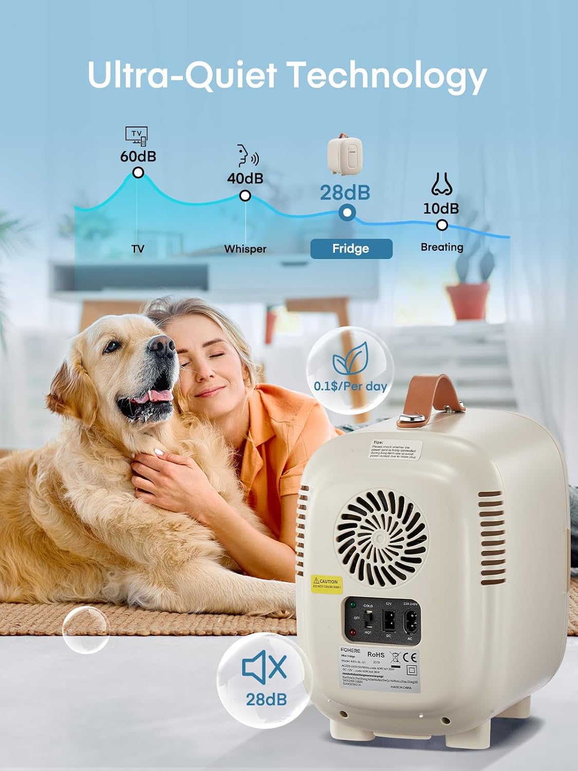 Detalle de FOHERE Mini Nevera 5L CA/CC, Silenciosa, 6 Latas y 2 Enfoques de Temperatura – Blanca