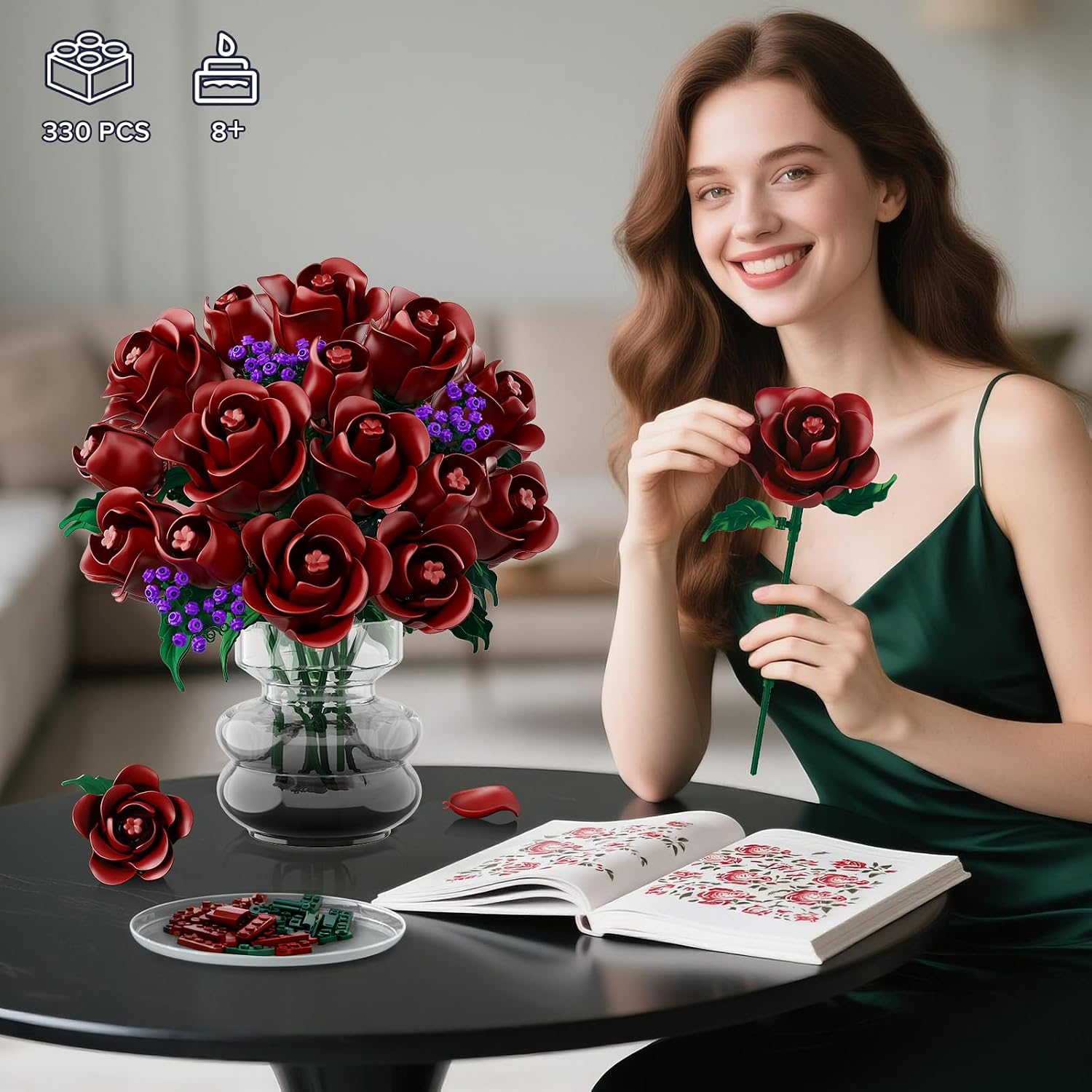 Detalle 2 de HOGOKIDS Flowers Bouquet Building Set - 15 Burgundy Roses (330 pcs) for Home & Gift