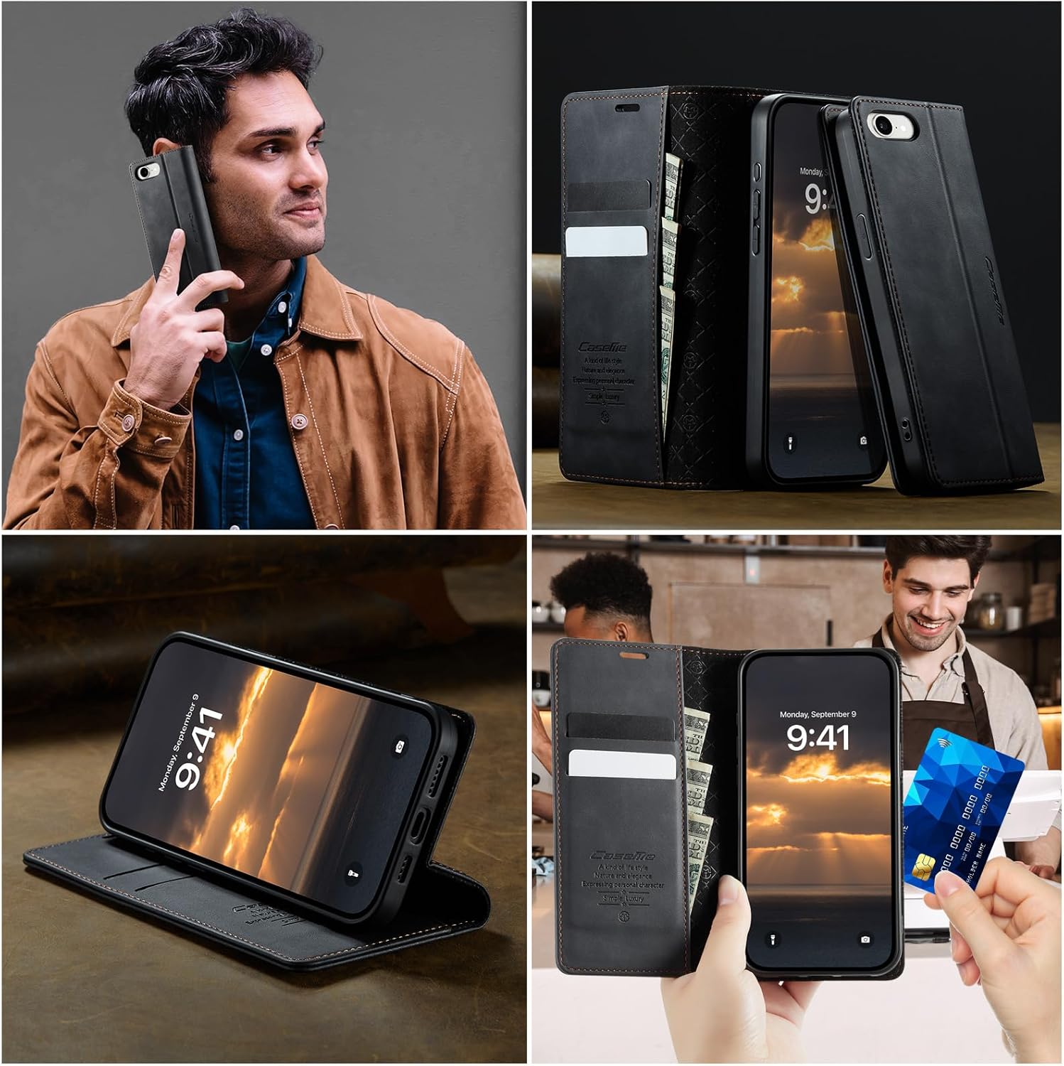 Thumbnail 5 de Cracedily Wallet Case for iPhone 17e / iPhone 16e Leather Flip Cover with Kickstand & RFID Blocking, Black