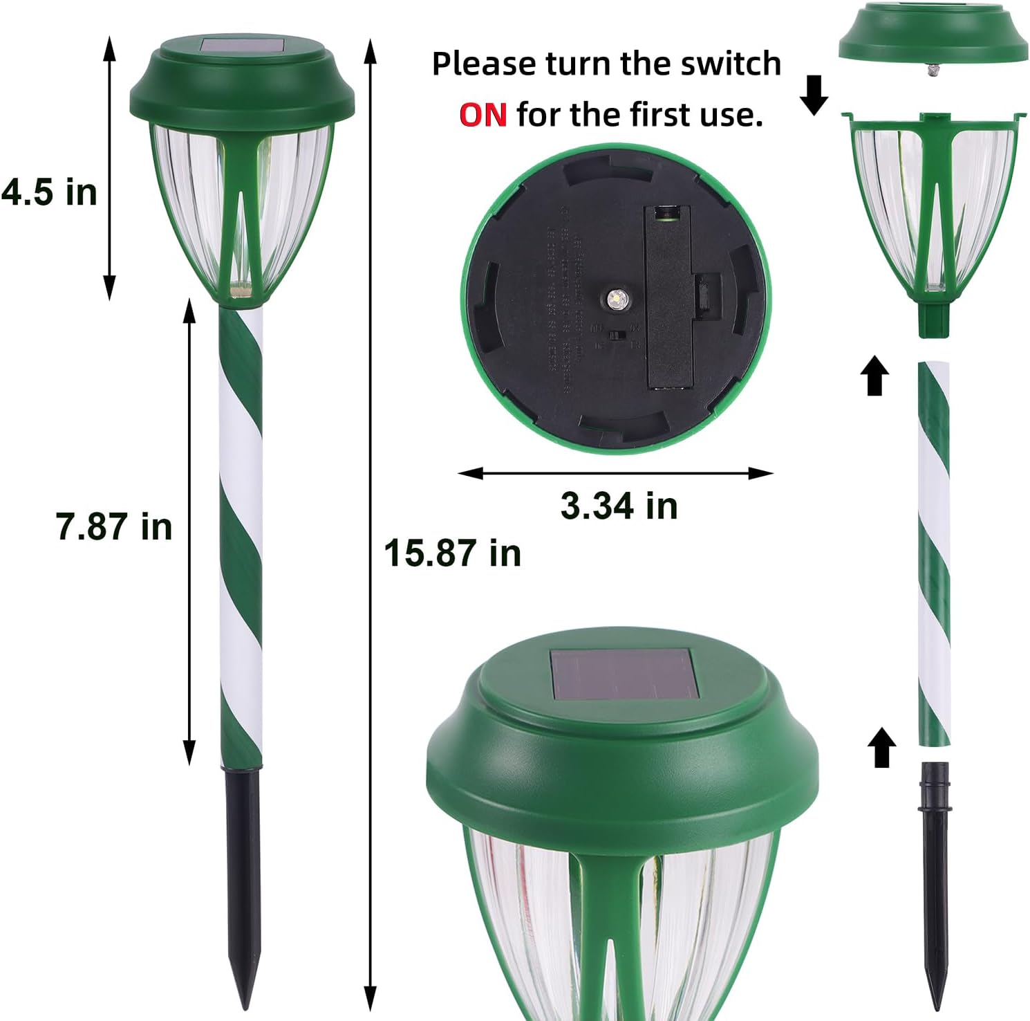 Detalle 2 de Dynaming DC23482SD-10 Solar Christmas Pathway Lights, Green Candy Cane, Warm White LED, 10-Pack