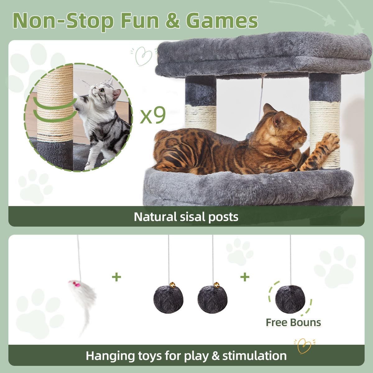 Detalle 2 de Taoqimiao 180cm Large Cat Tree (MS034G) with 9 Scratching Posts, Hammock & Wide Condo