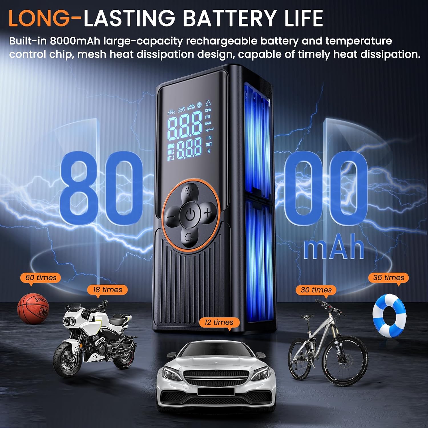 Thumbnail 2 de Tyre Inflator Air Compressor 8000mAh — 150 PSI Rechargeable Car Tyre Pump with Digital Display, LED Light and 4 Nozzles