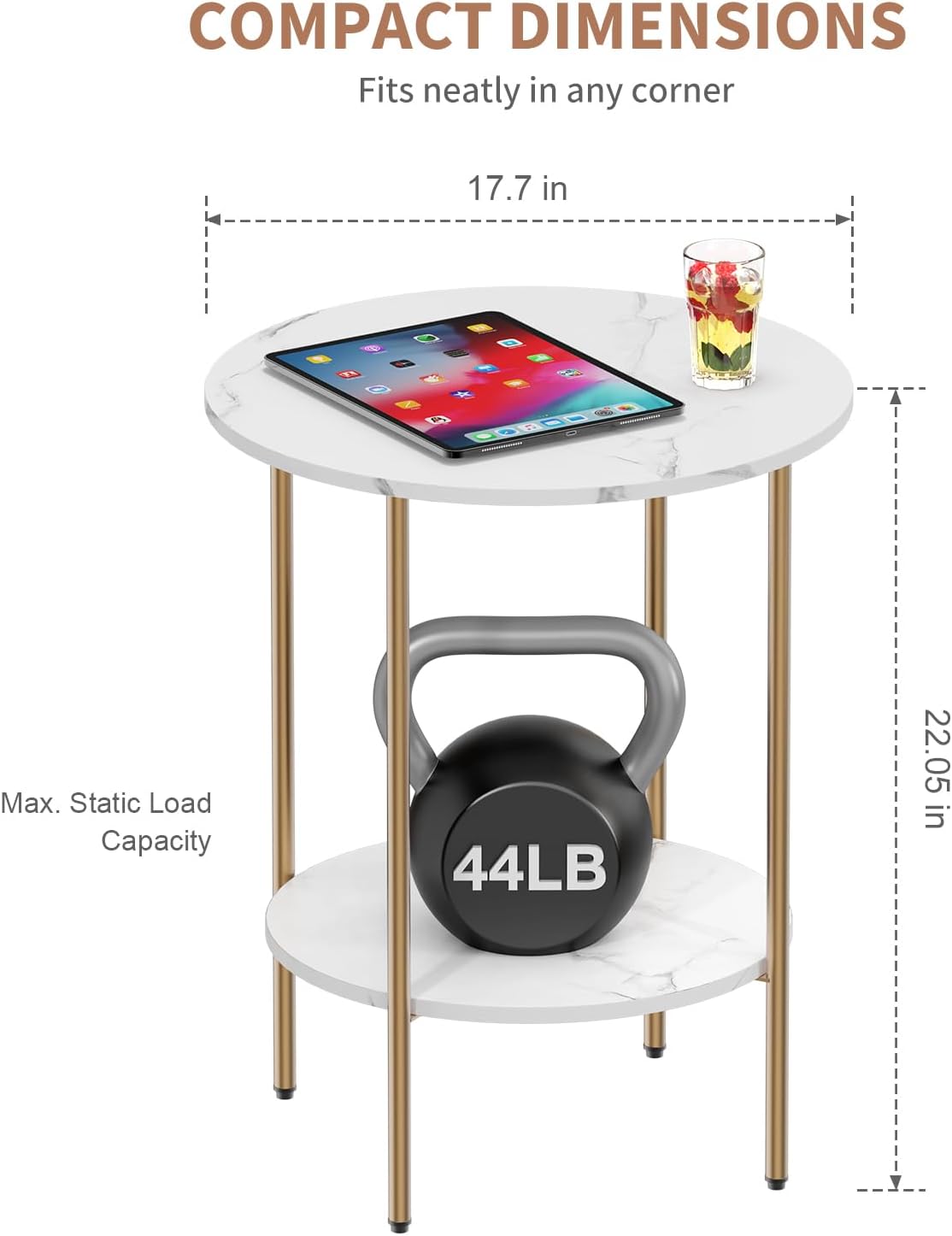 Detalle de CAMOAT Two-Tier Side Table with Marble-Look Wood Top and Metal Frame