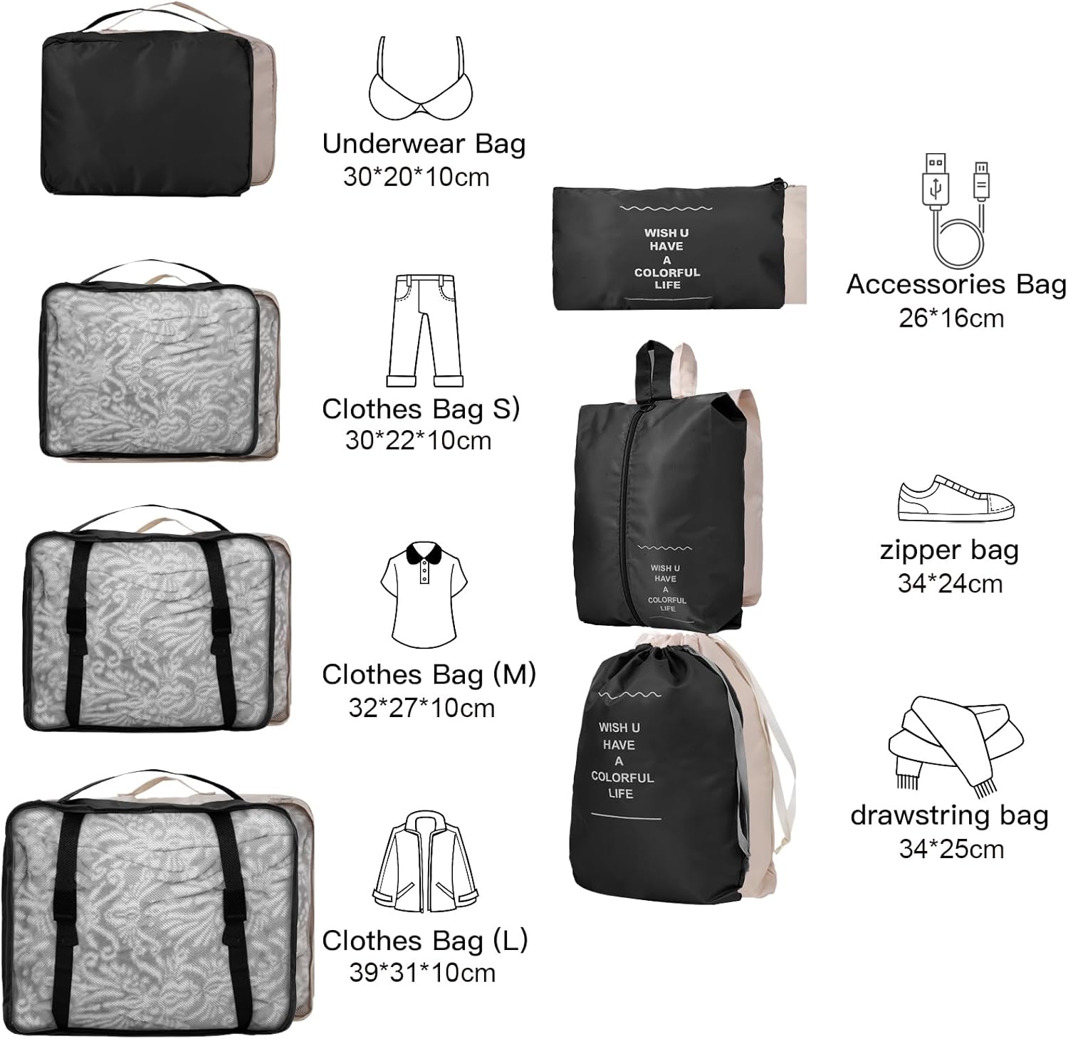Detalle 2 de 14-teilige Zweifarbige Koffer Organizer – Ordnung im Gepäck mit 14 Teilen in Schwarz & Beige