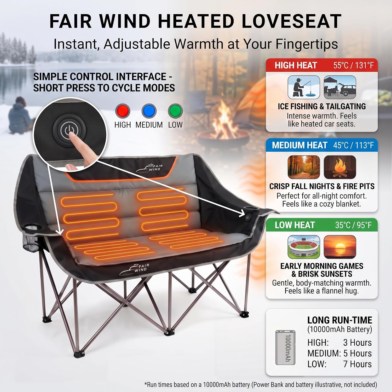 Detalle 2 de FAIR WIND LS001-HC Heated Oversized Camping Loveseat, 3 Heat Levels