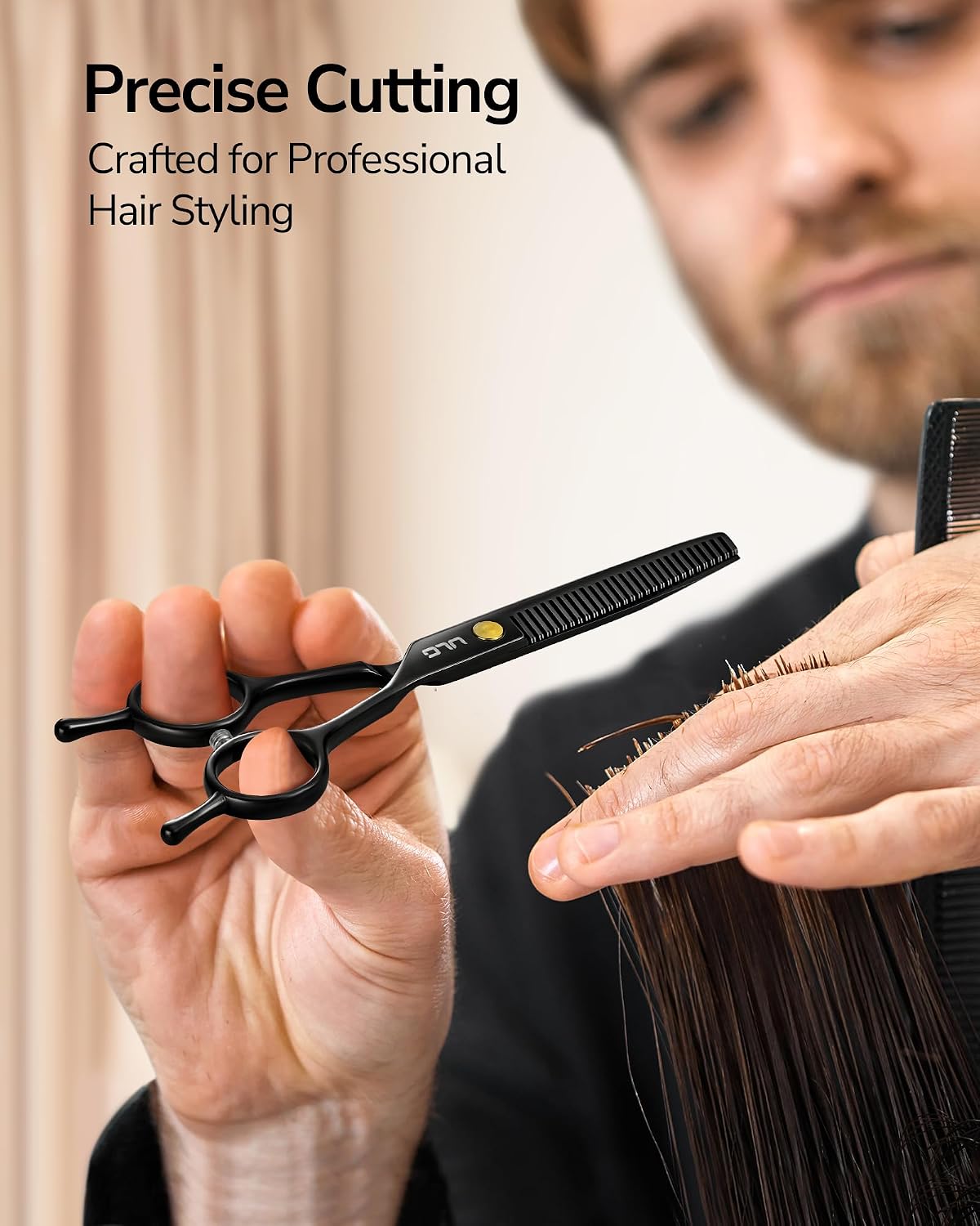 Detalle de ULG 16.5 cm thinning shears (Japanese stainless steel) – Ultra sharp barber scissors for right-hand use – Black