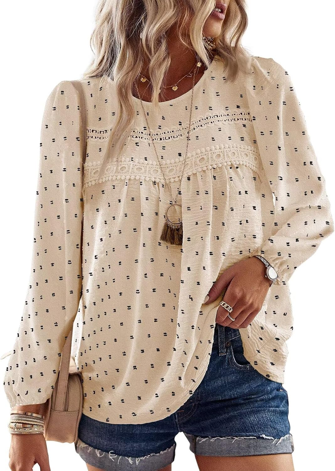 Detalle de TUUHAW Langarmshirt Damen Boho mit Rundhals & Häkelapplikation – lässige Tunika für Frühling bis Winter