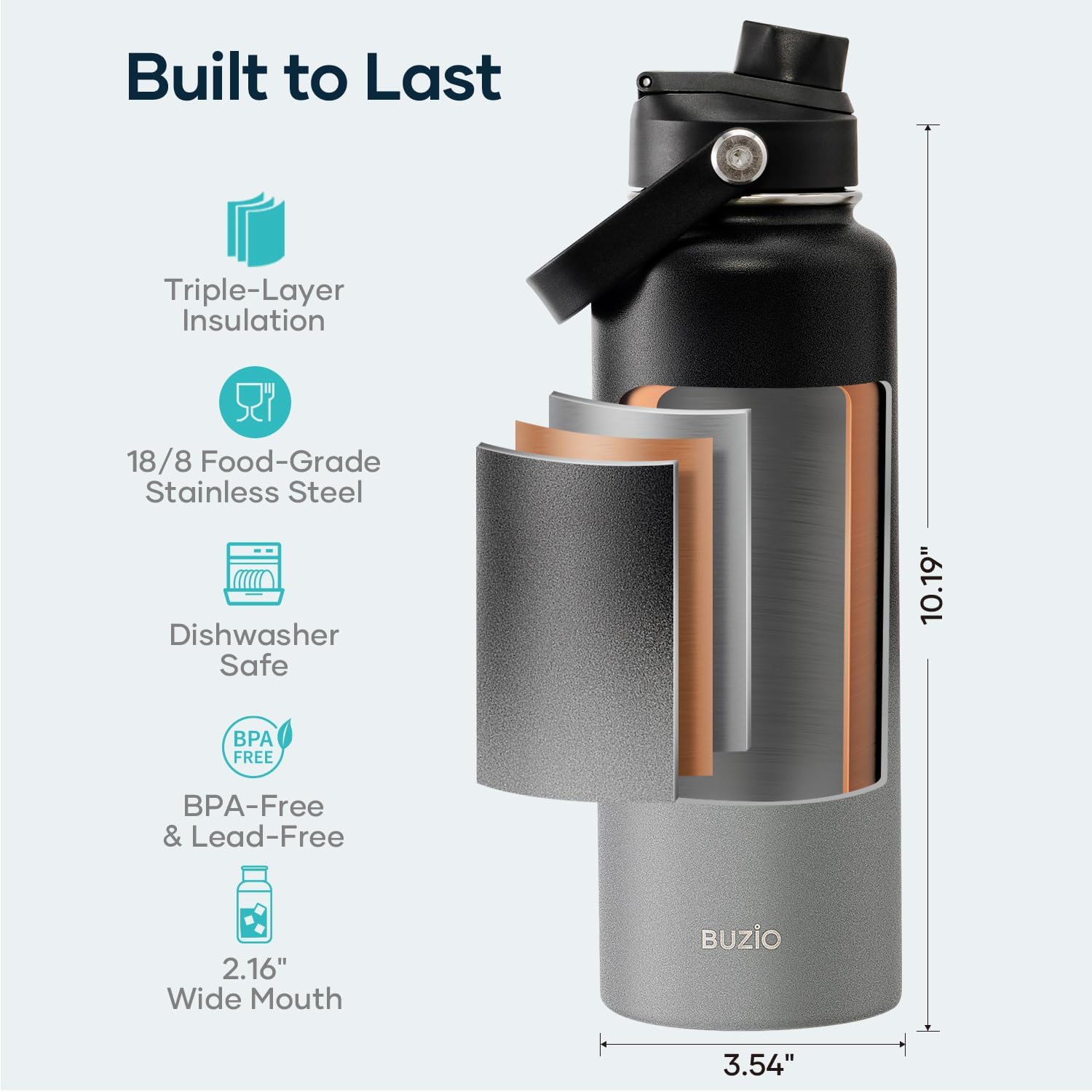 Detalle 2 de BUZIO 40 oz Insulated Stainless Steel Water Bottle with Two Lids