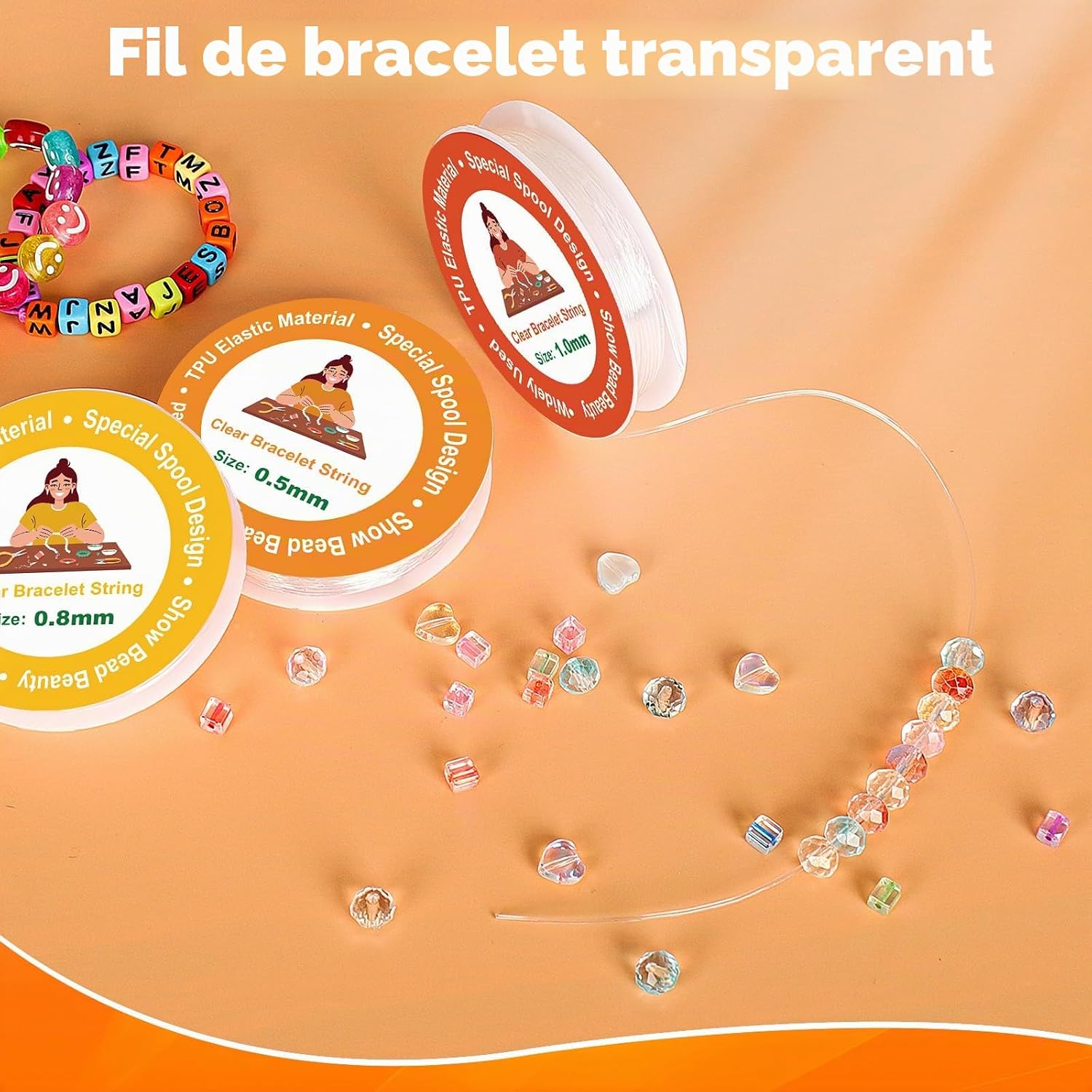 Detalle 2 de Alyvisun lot de 6 fils élastiques pour bracelets en perles (0,5 mm, 0,8 mm, 1 mm) TPU transparent