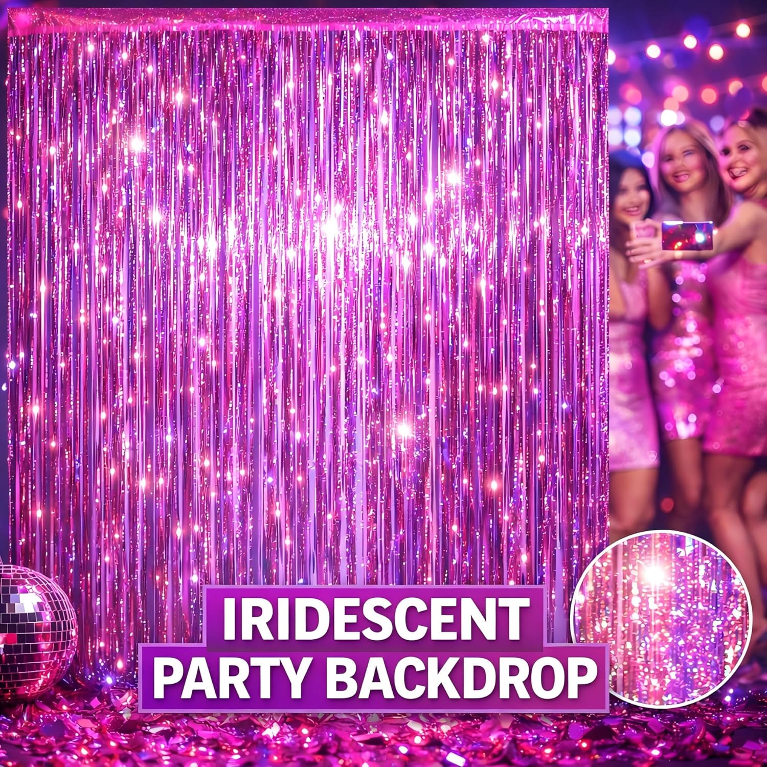 Detalle 2 de Melsan 3-Pack Tinsel Fringe Curtain Backdrops for Easter, Pinkish Purple (Photo Booth & Party Decor)
