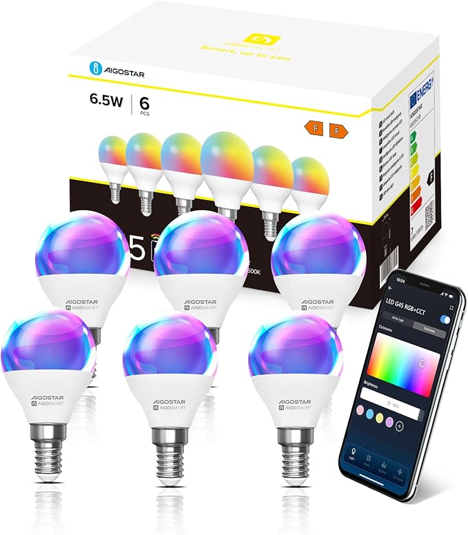 Detalle de Aigostar Bombilla LED Inteligente G45 WiFi E14, 6 Unidades