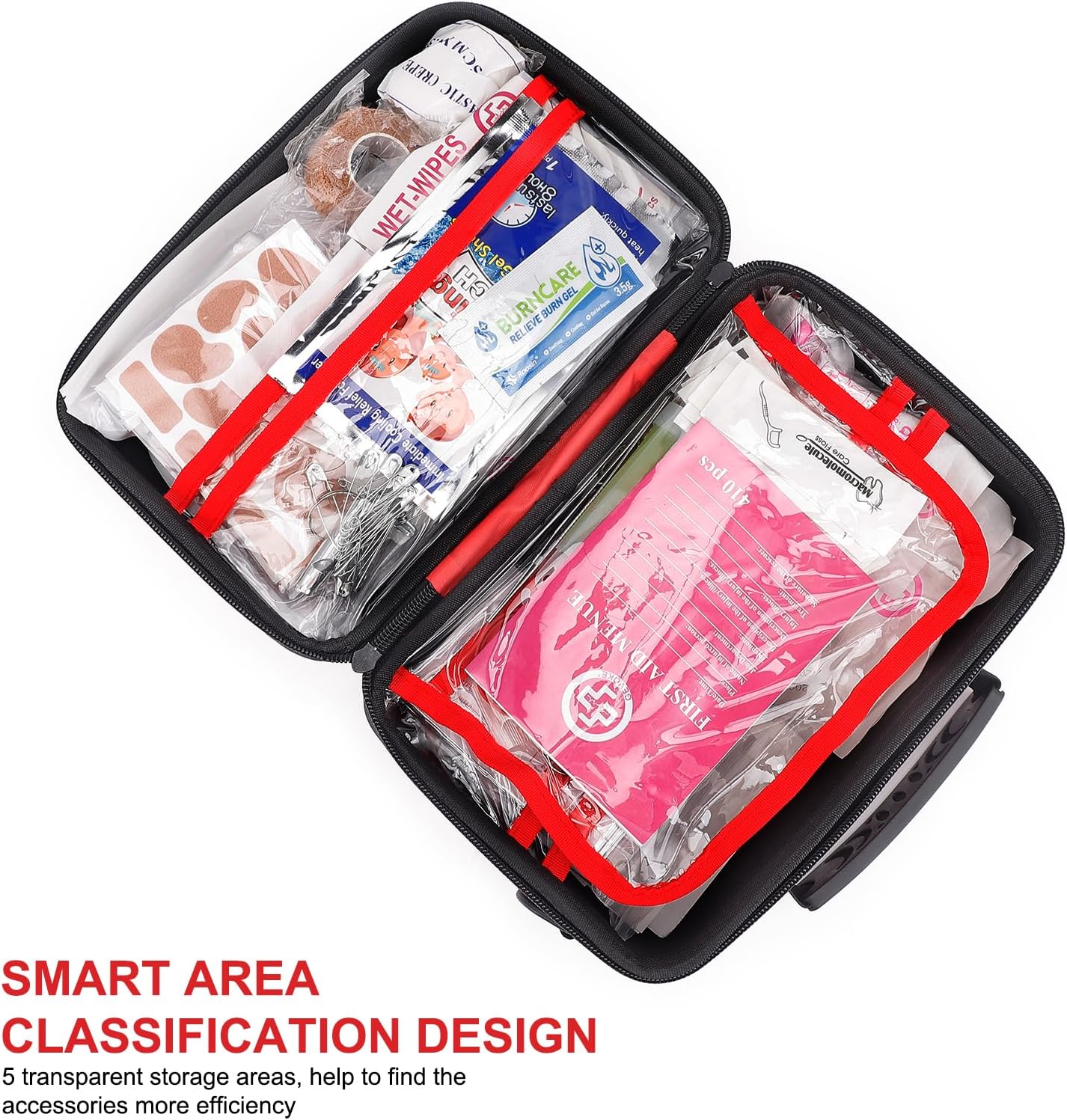 Detalle de Gevoke 410-Piece Waterproof Hard Shell First Aid Kit, Red, 5 Compartments