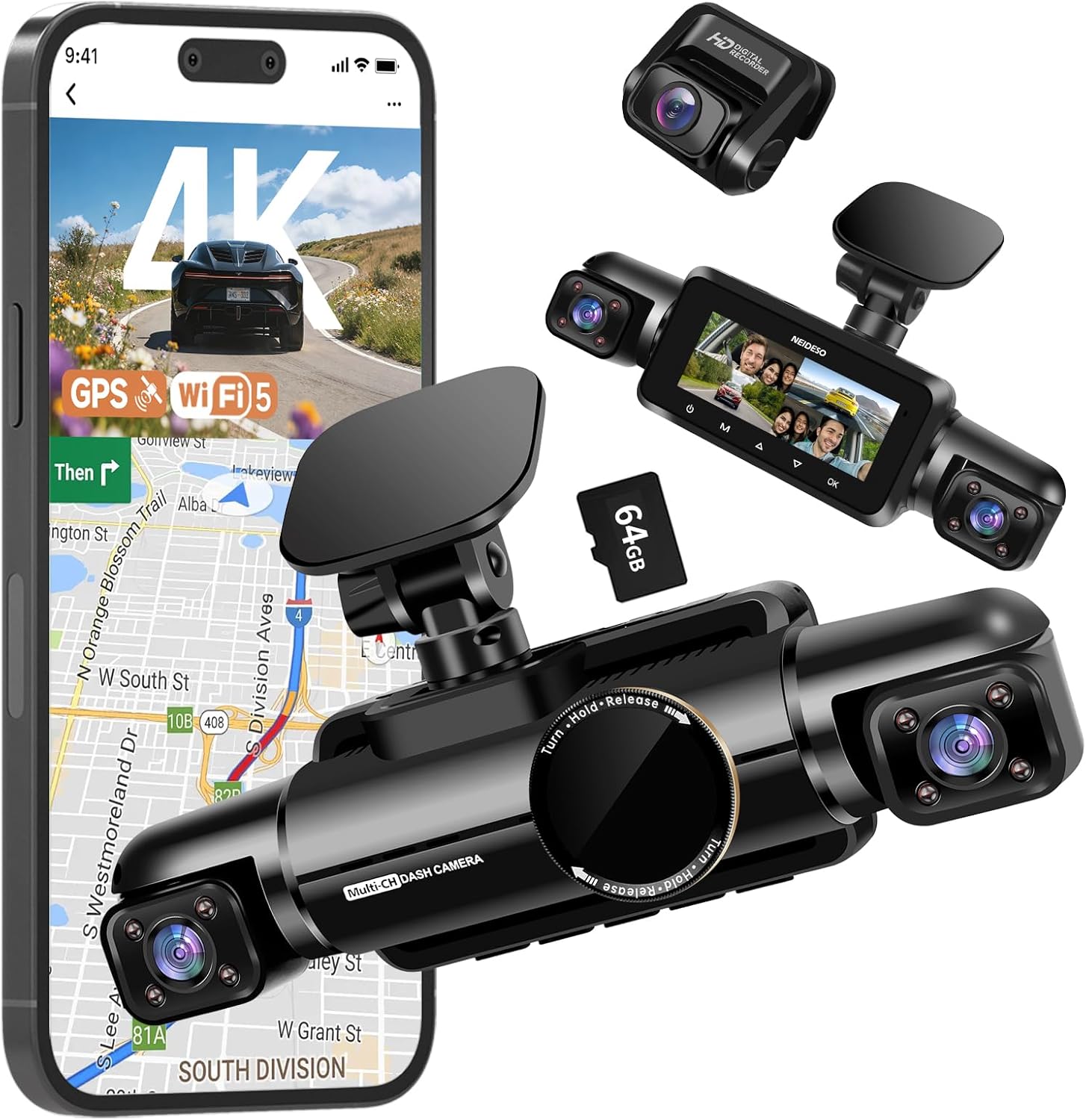 Detalle de Neideso N700 4-Channel Dash Cam: 360° Coverage, 3K Front + 3×1080P & 5GHz WiFi