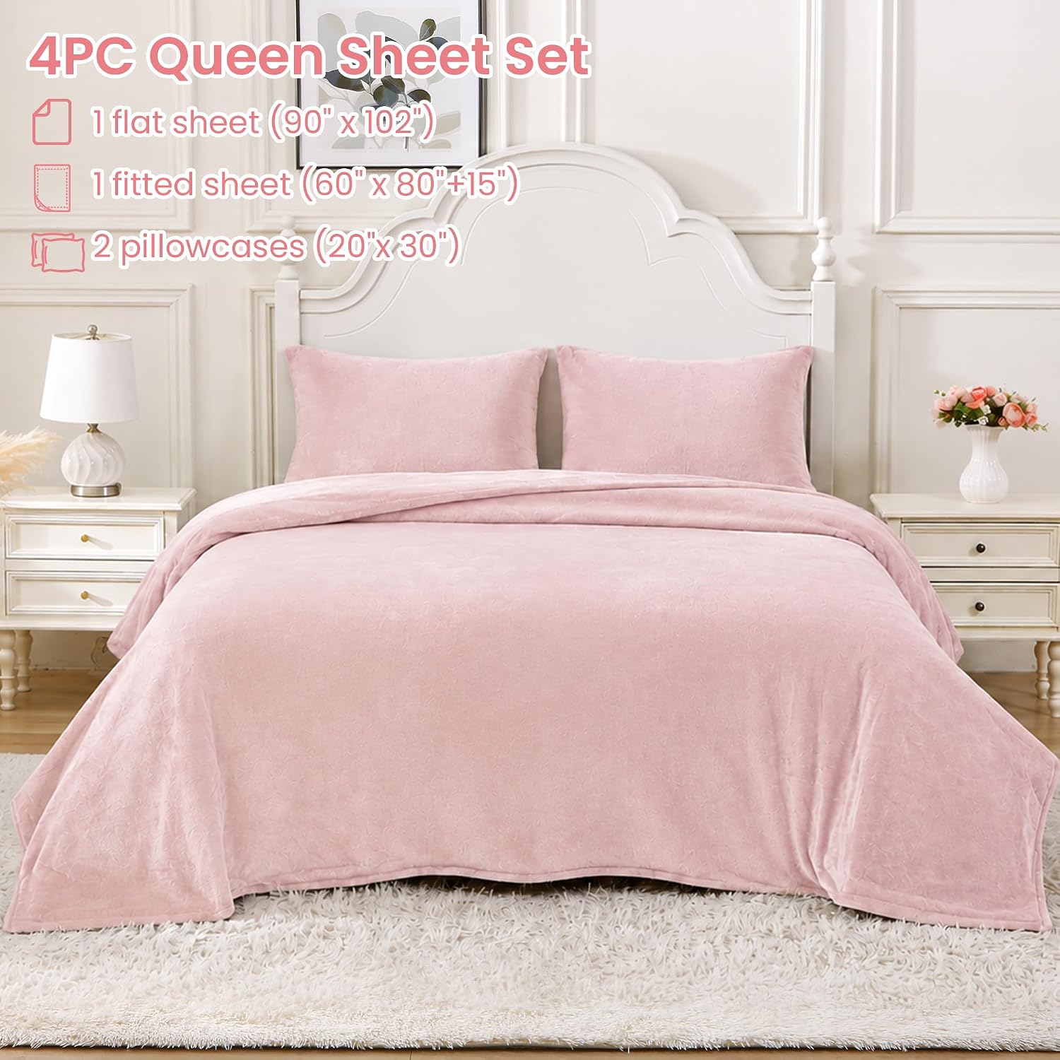 Detalle 2 de Viviland VSHTPINKQ Plush Microfleece Queen Sheet Set, Pink, 200 GSM
