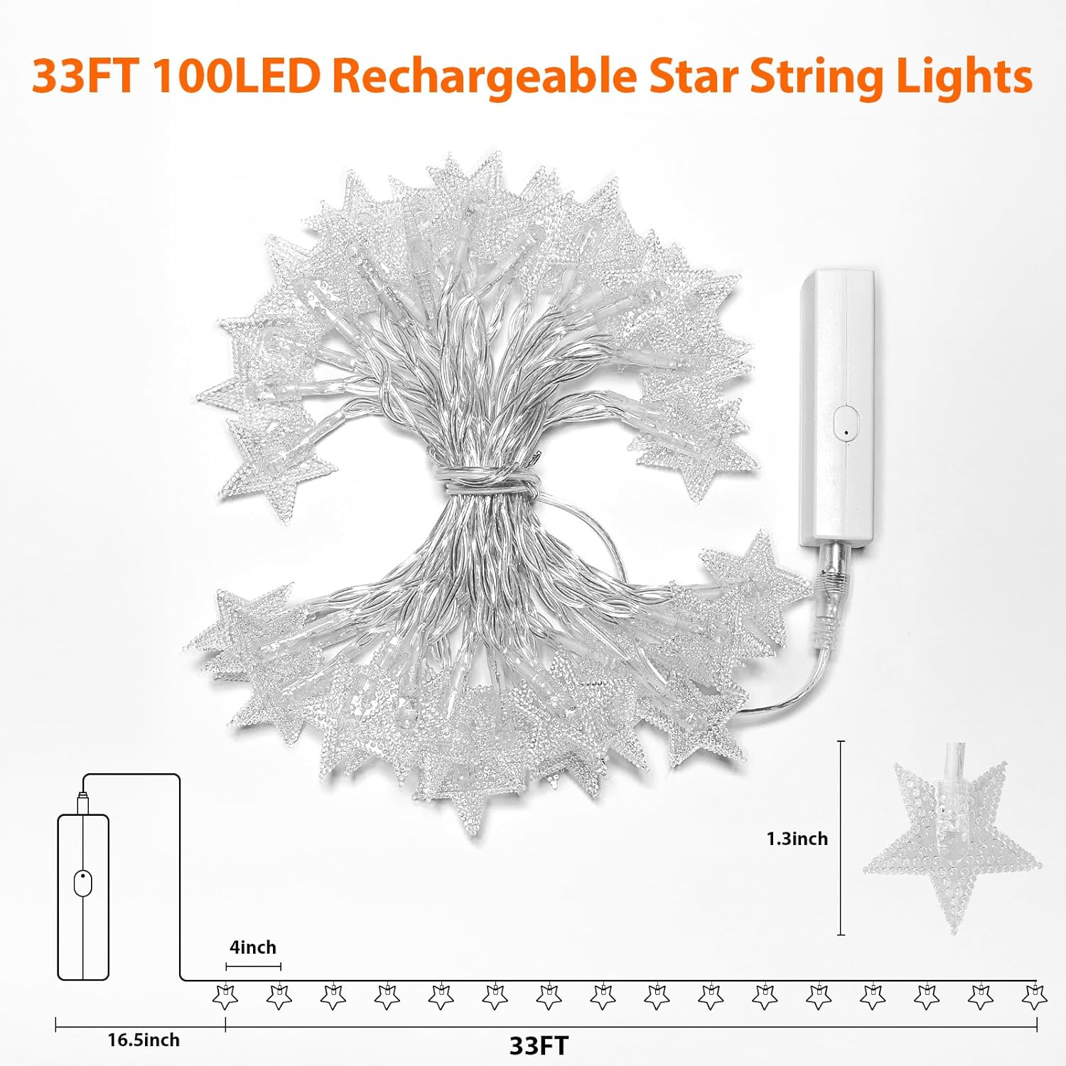 Thumbnail 1 de Star Moon Ramadan Rechargeable 100LED Star Fairy Lights – 10m Indoor String with 8 Modes and Timer