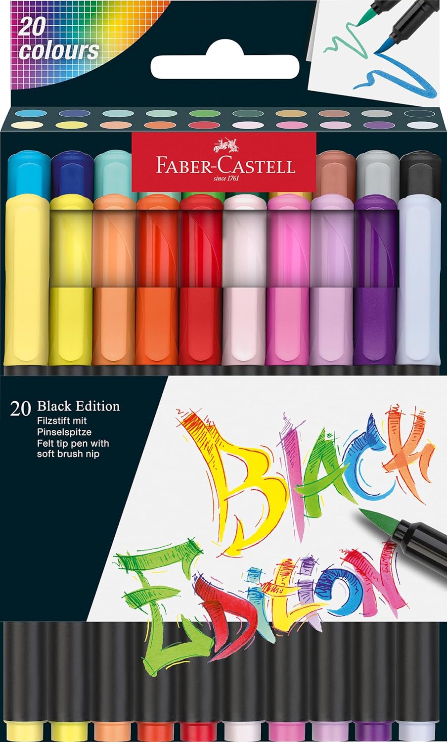 Detalle de Faber-Castell 116452 Black Edition Brush Pen Set (20 leuchtende Farben) – Filzstifte mit Pinselspitze