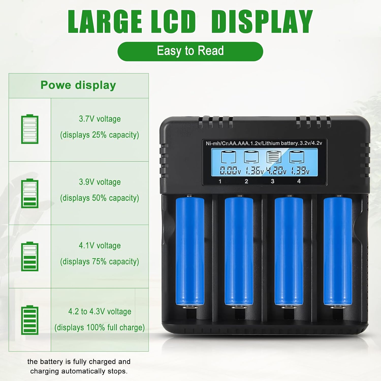 Detalle de Wowfast 18650 Caricabatterie: 4 slot, LCD, ricarica rapida e sicura per batterie agli ioni di litio 3,7V