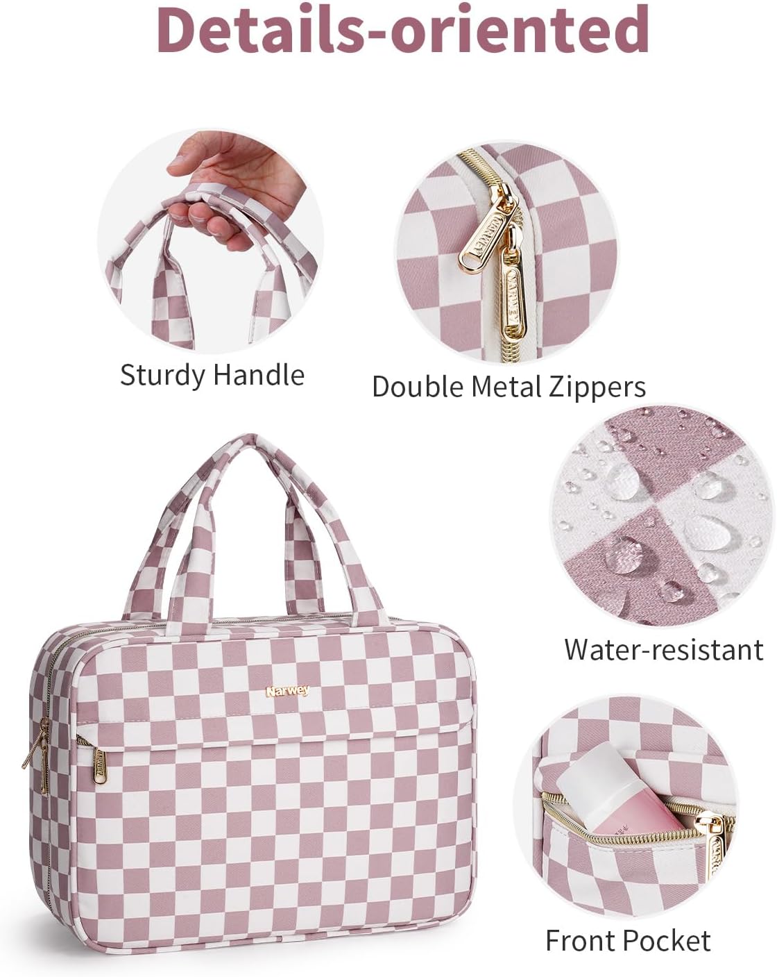 Detalle 2 de Narwey Large Hanging Toiletry Bag (Dusty Pink Checkerboard) – organised travel wash bag with hook and compartments