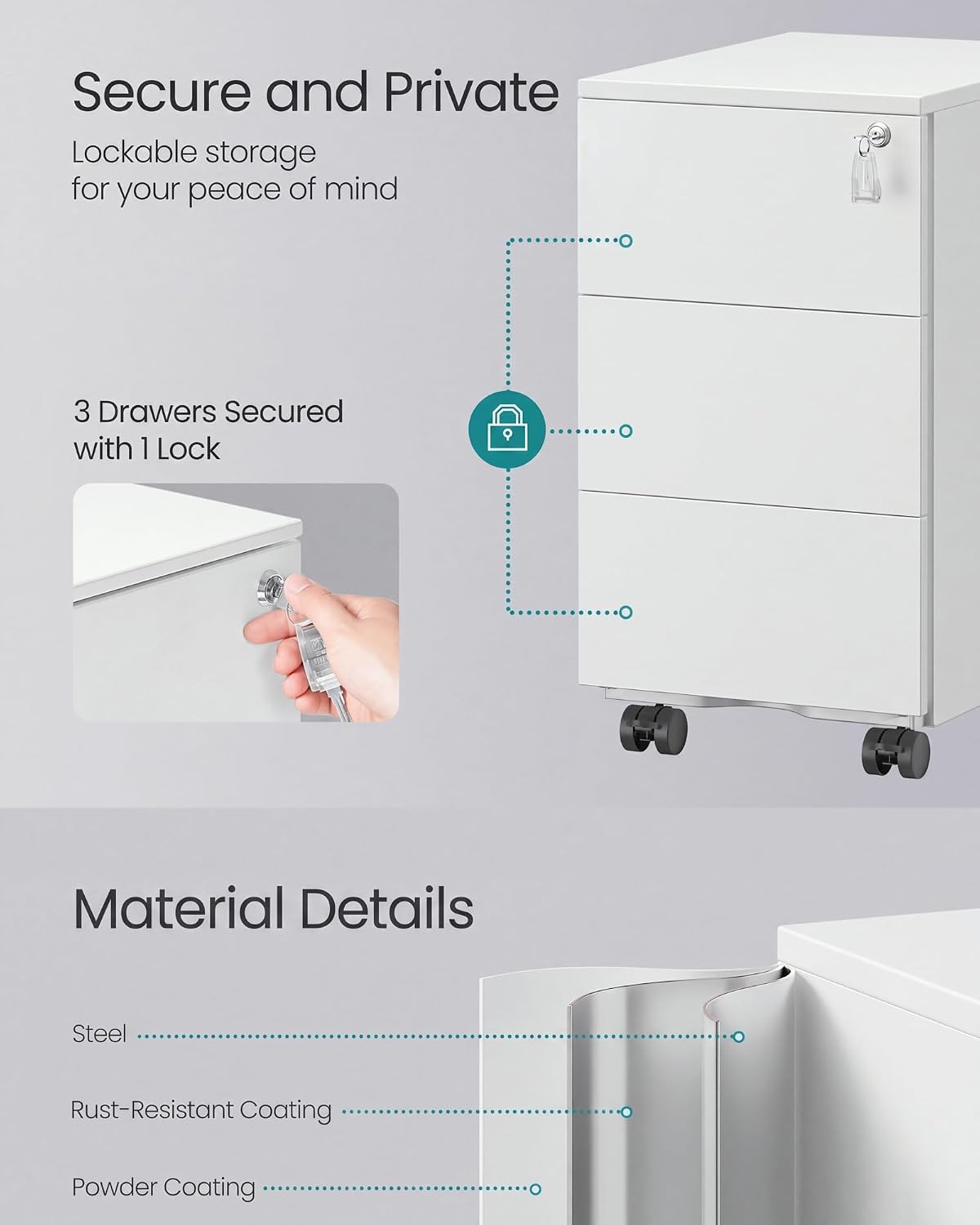 Thumbnail 4 de SONGMICS BEREND OFC079W01 Mobile Filing Cabinet, 3 Drawers, Lockable