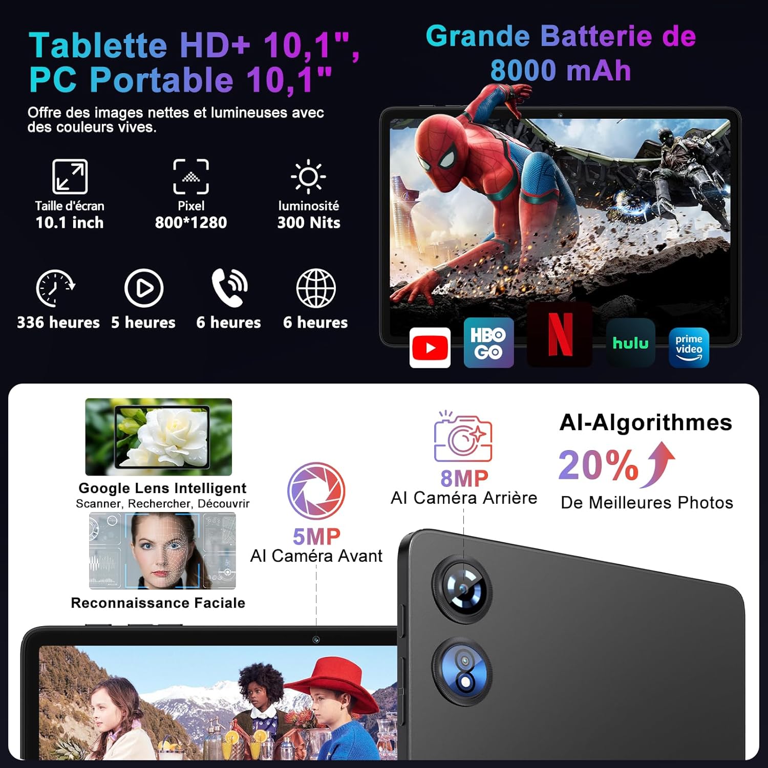 Thumbnail 6 de Android 15 Tablet 10.1" con Octa-Core 2.0GHz, 30GB RAM / 128GB ROM (espansione fino a 2TB), Gemini AI, 8000mAh, Widevine L1, 5G Wi‑Fi, Face ID, Tastiera e Mouse (Nero)