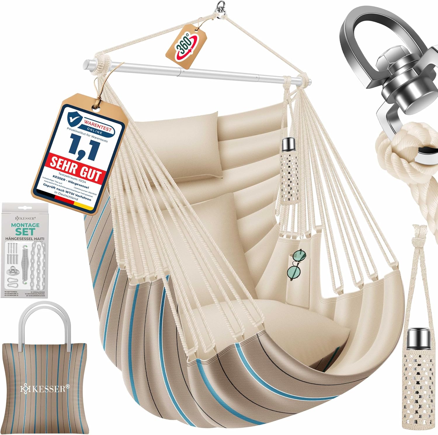 Detalle de KESSER® Haiti Hängesessel – 150 kg Traglast, 360° Drehung, UV-beständig & Wasserfest