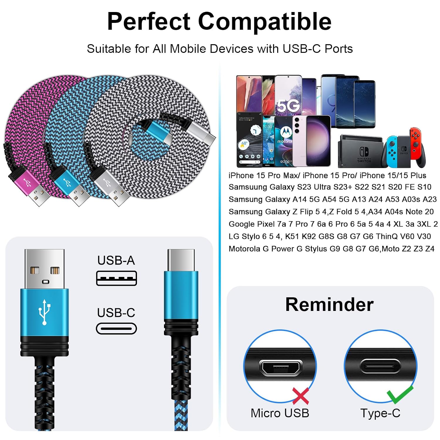 Thumbnail 4 de USB C Charger Cable 6FT/3Pack for iPhone 17/16/15 & Galaxy/Samsung – 3.1A Fast Charging & Data-Sync