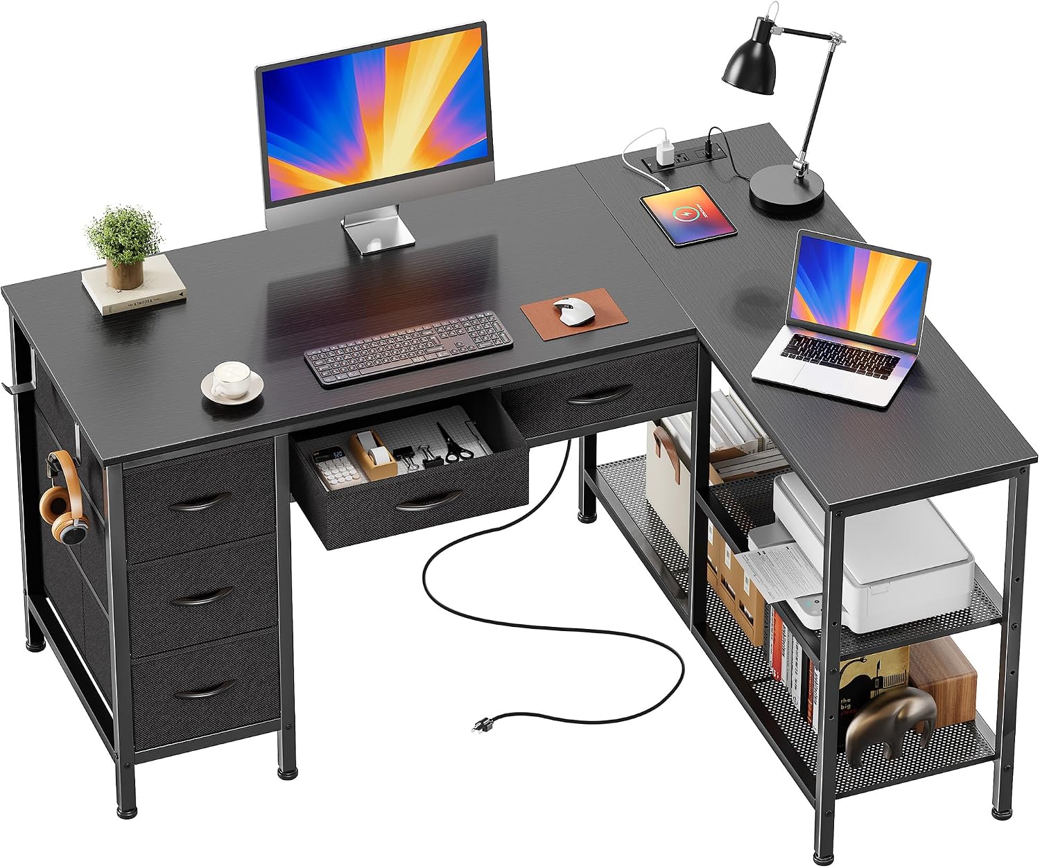 Detalle de PRAISUN 47-Inch L-Shaped Desk with Power Outlets, USB-C, 5 Fabric Drawers